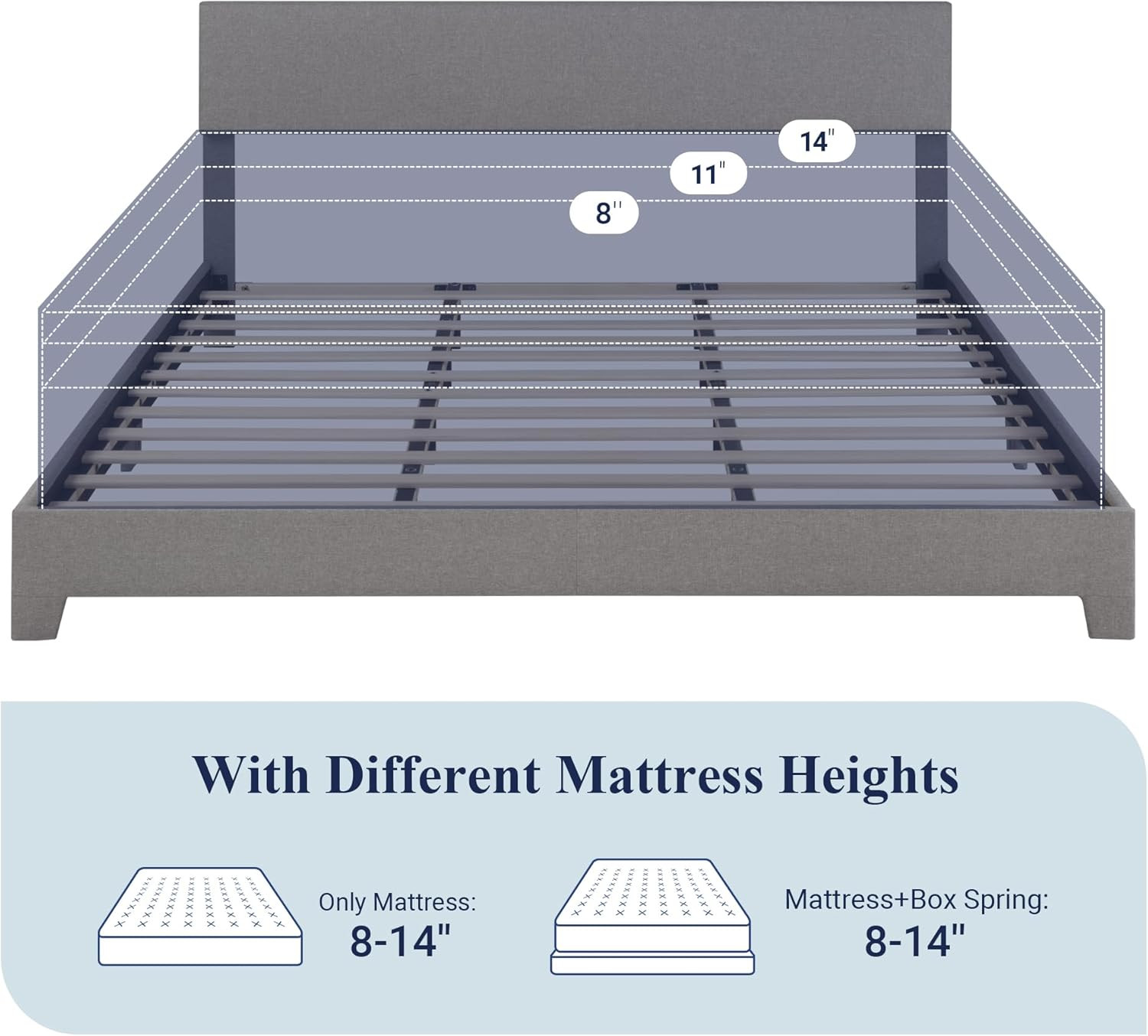 King Size Upholstered Bed Frame with Adjustable Headboard, Easy Assembly, Light
