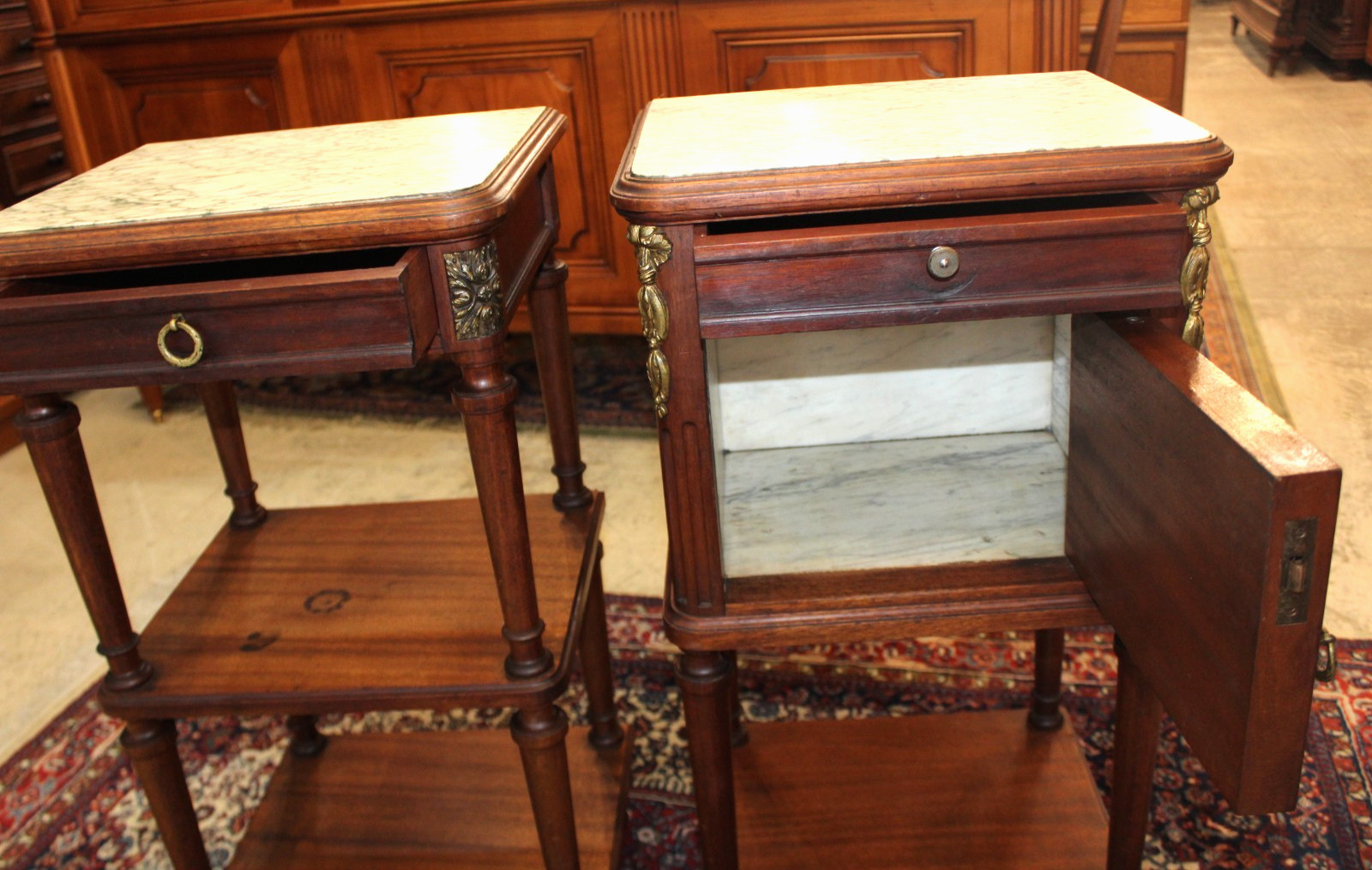 Pair of French Antique Louis XVI Mahogany Nightstands / Bedside Tables
