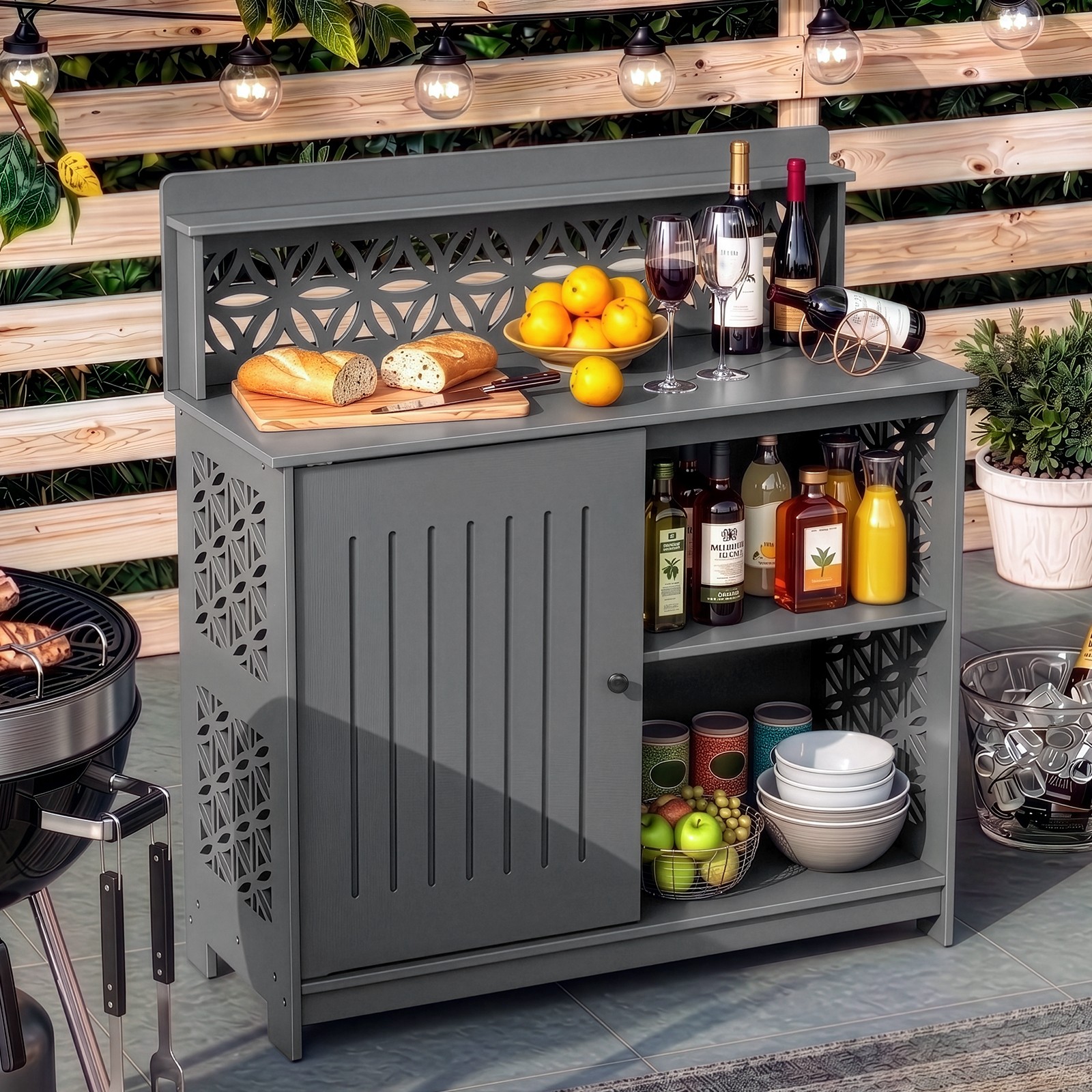 Plastic Storage Cabinet, 44in Workbench with Shelf, Door for Indoor Outdoor