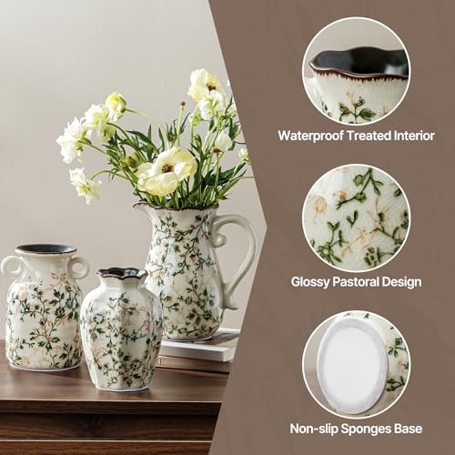 Ceramic Vase Set of 3, Green Chinoiserie Floral 06-green and Beige-set of Three