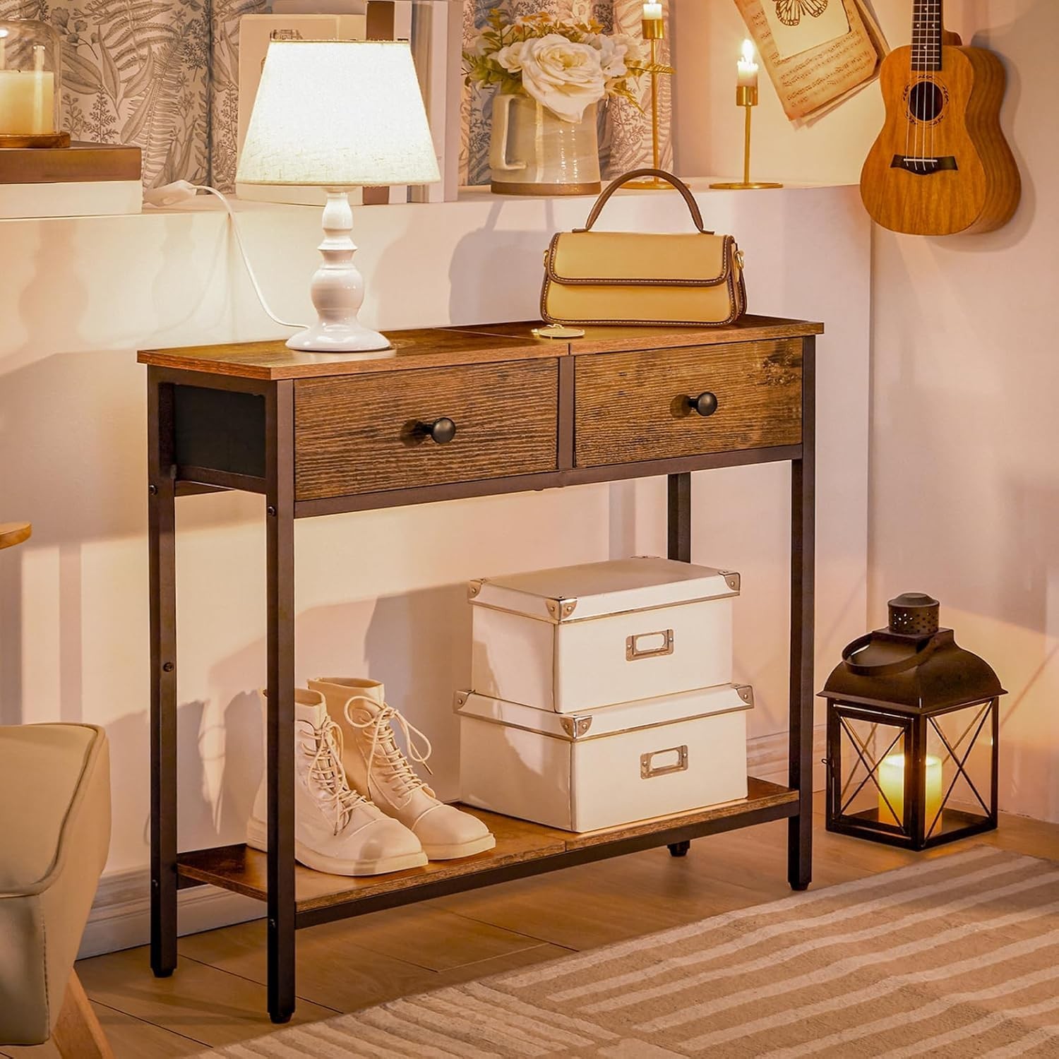 29.5″ Narrow Console Table with 2 Fabric Drawers, Small Entryway Table with 2…