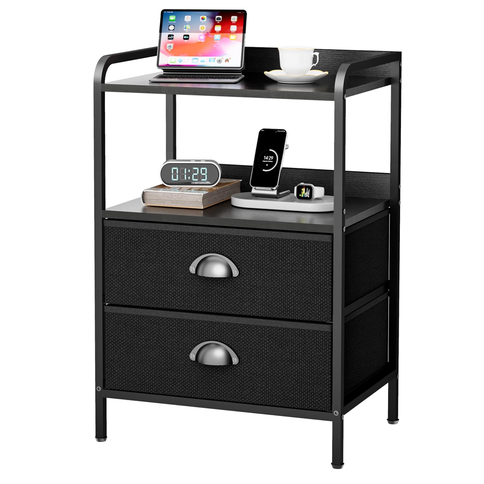 Rustic Black Modern Nightstand 2 Fabric Drawer Sturdy Metal Frame 55LB Table