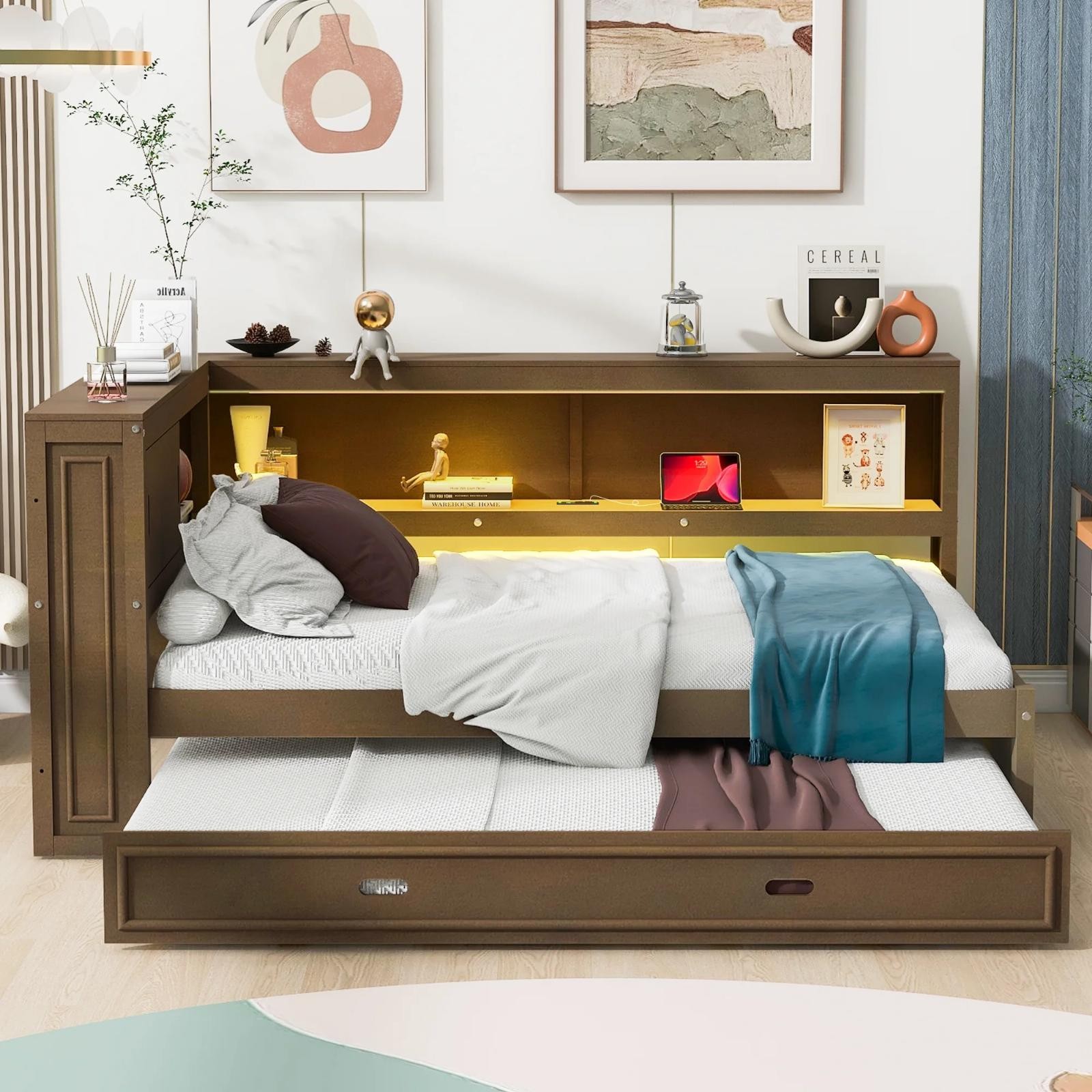 Full Size Daybed With Storage Shelves And Trundle USB Charging LED Light