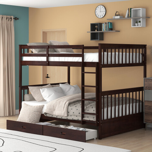 Full Over Full Bunk Bed W/ Storage Drawers Wood Platform Beds Bedroom Furniture