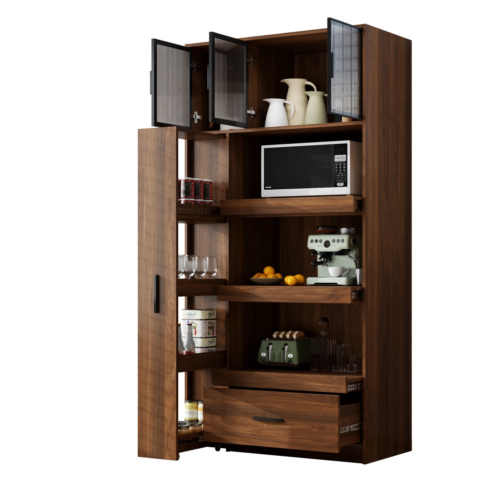 70.87″ Tall Kitchen Pantry Cabinet with Drawer, Shelf & Glass Door