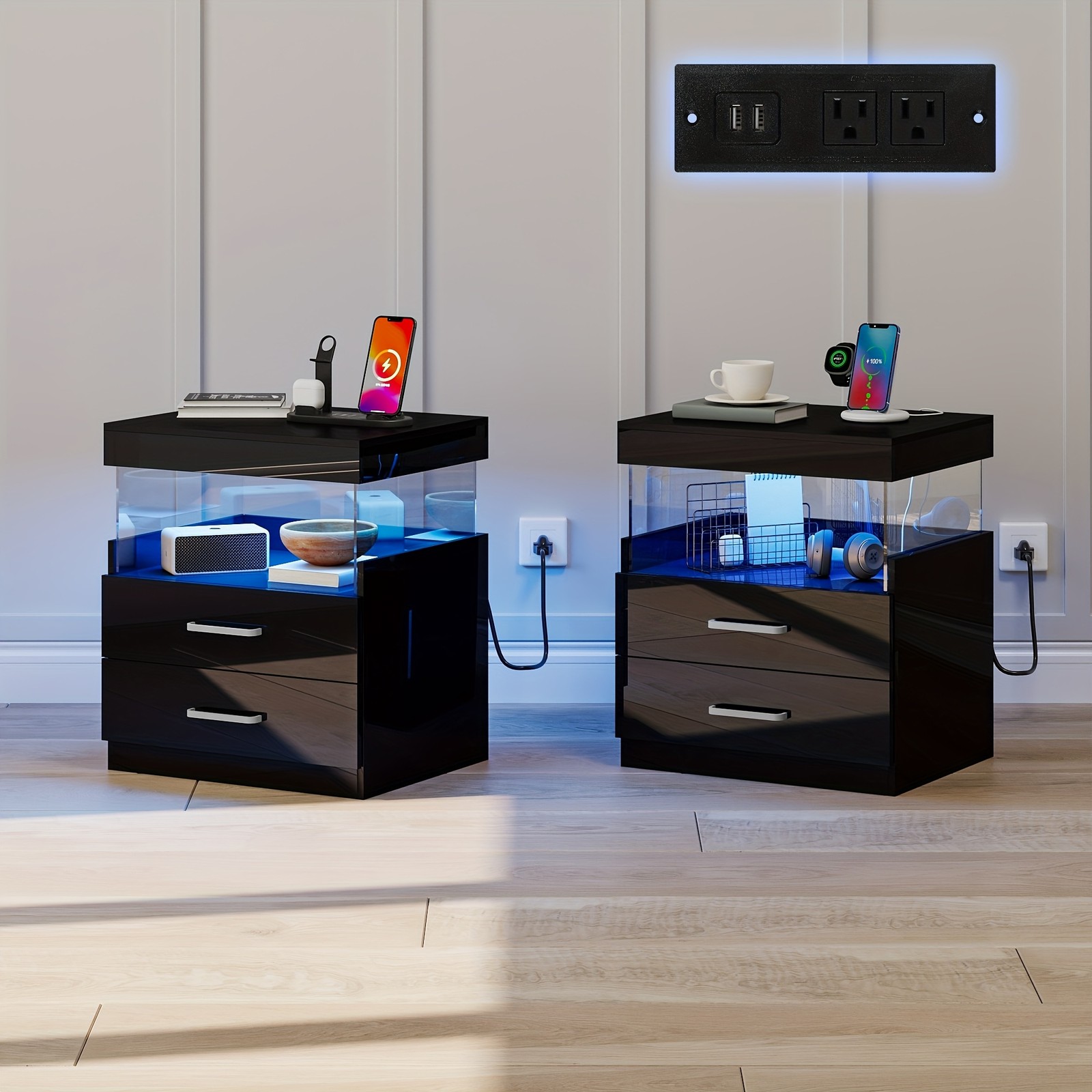 Modern Nightstands with Adjustable LED Lights Set of 2