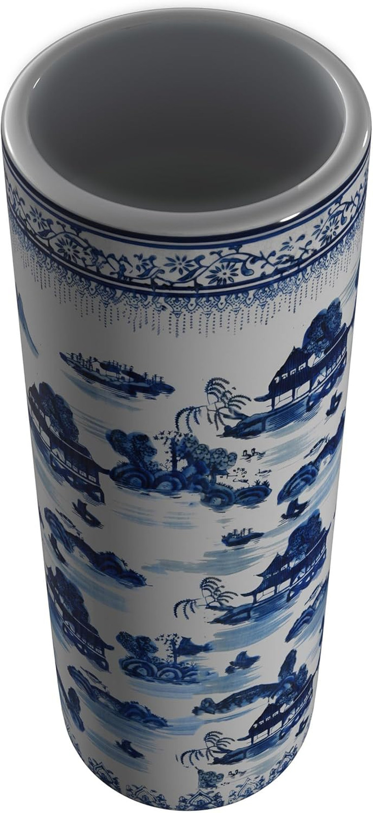 Oriental Furniture 20″ Landscape Blue & White Porcelain Umbrella Stand
