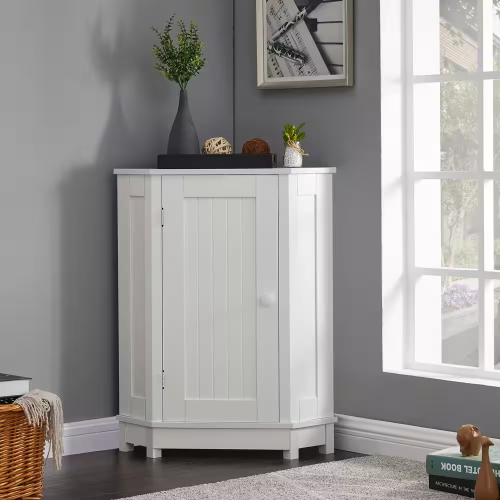 25 In. W X 18 In. D X 31 In. H White MDF Corner Linen Cabinet with Adjustable Sh