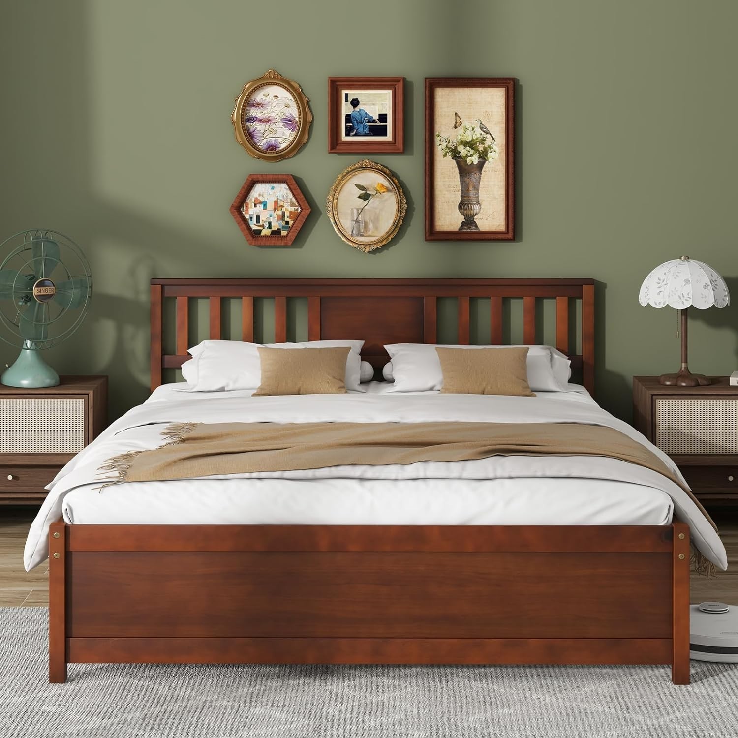 Mid Century Queen Solid Wood Bed Frame with Headboard – Easy Assembly, Walnut