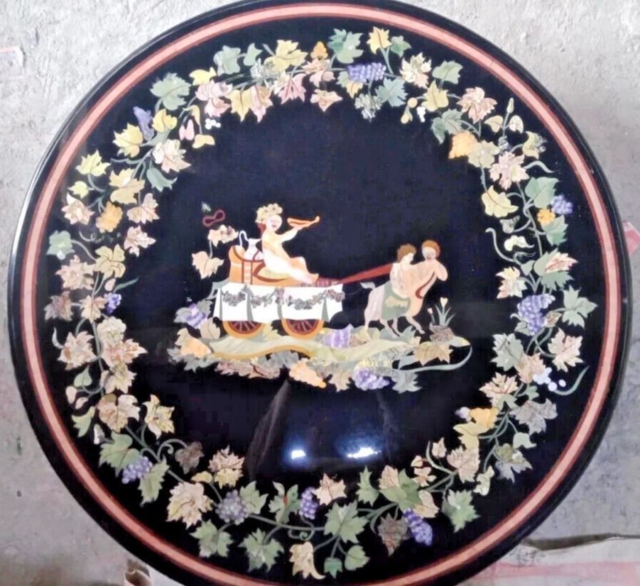 Black Marble Coffee Table Top 30″ Round Center pietra dura Inlay Work Handmade