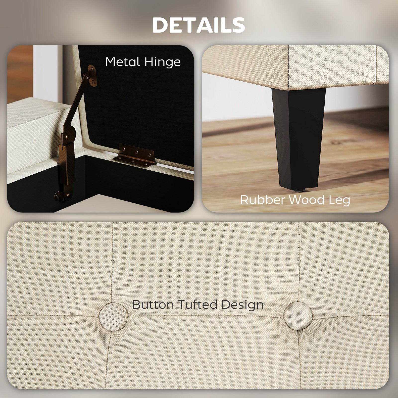 Rectangular Tufted Linen Storage Ottoman Bench with Flipping Top Beige