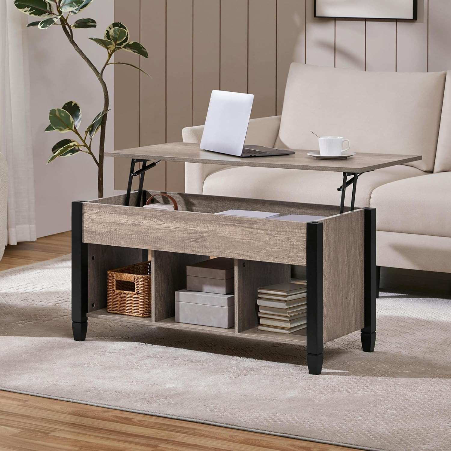 Gray Coffee Table, Lift Top Coffee Table with Hidden Compartment & Shelf, Lift u