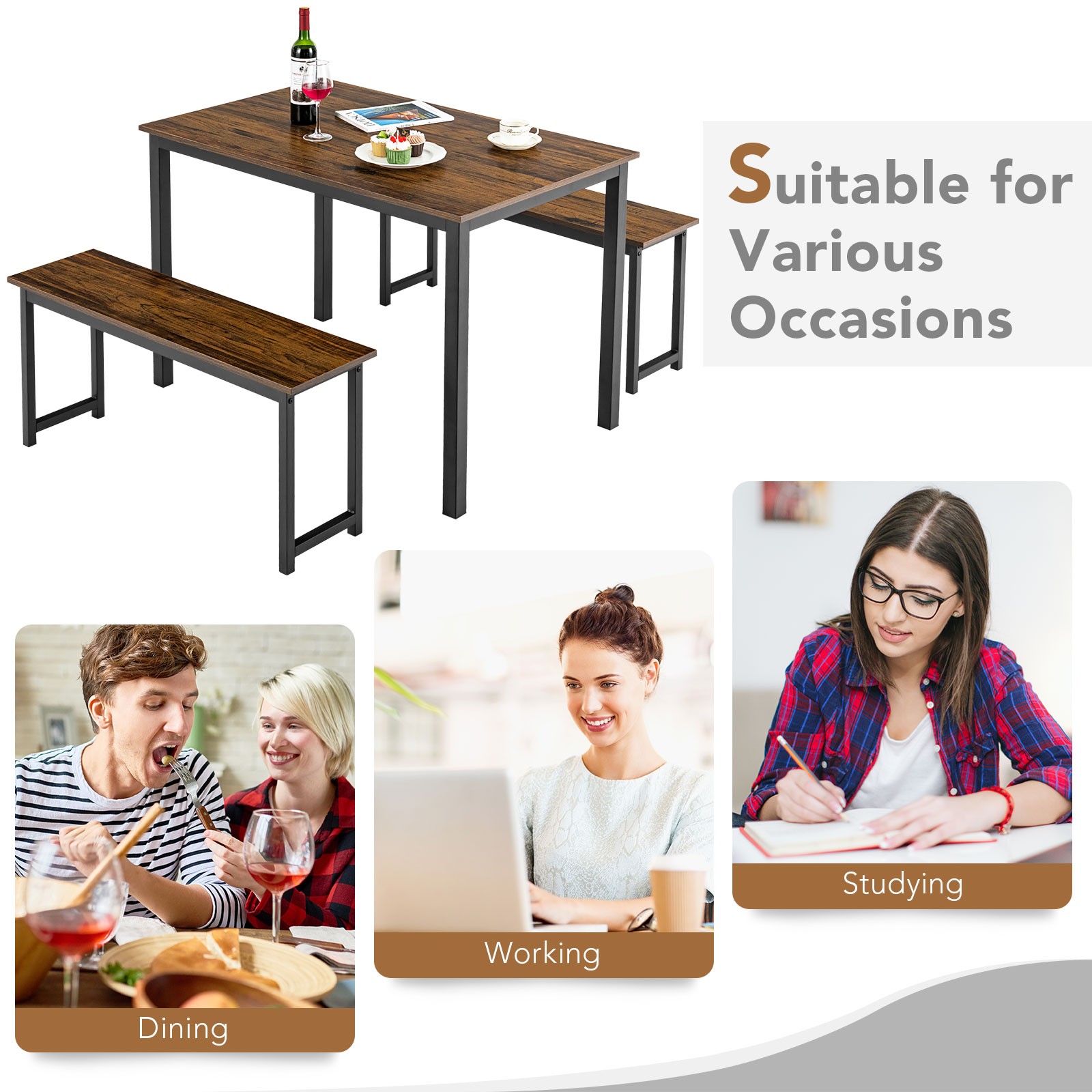 Topbuy 3pcs Dining Table Set for 4 Modern Industrial Counter Height Kitchen