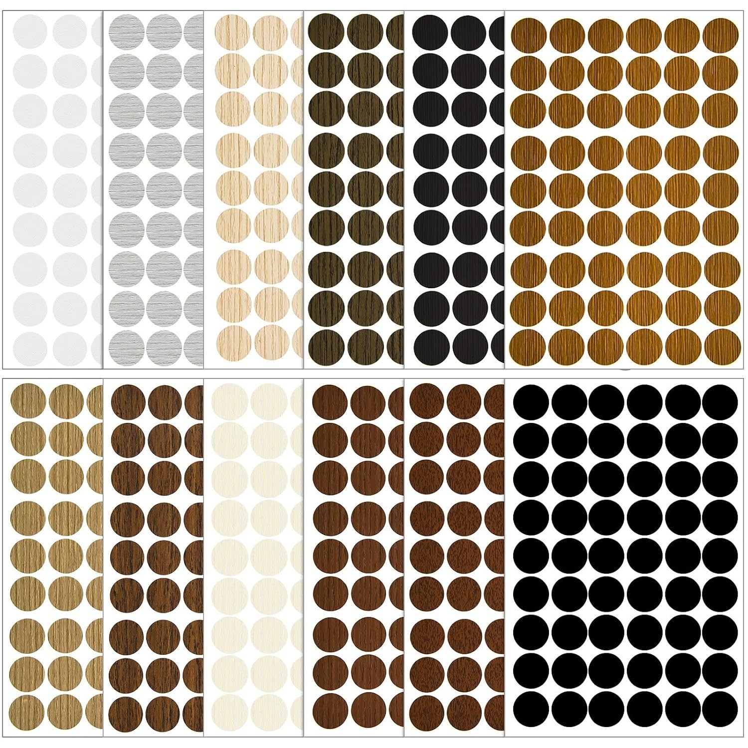 648pcs Wood Grain Screw Hole Cover Stickers PVC Adhesive Caps 12 Colors