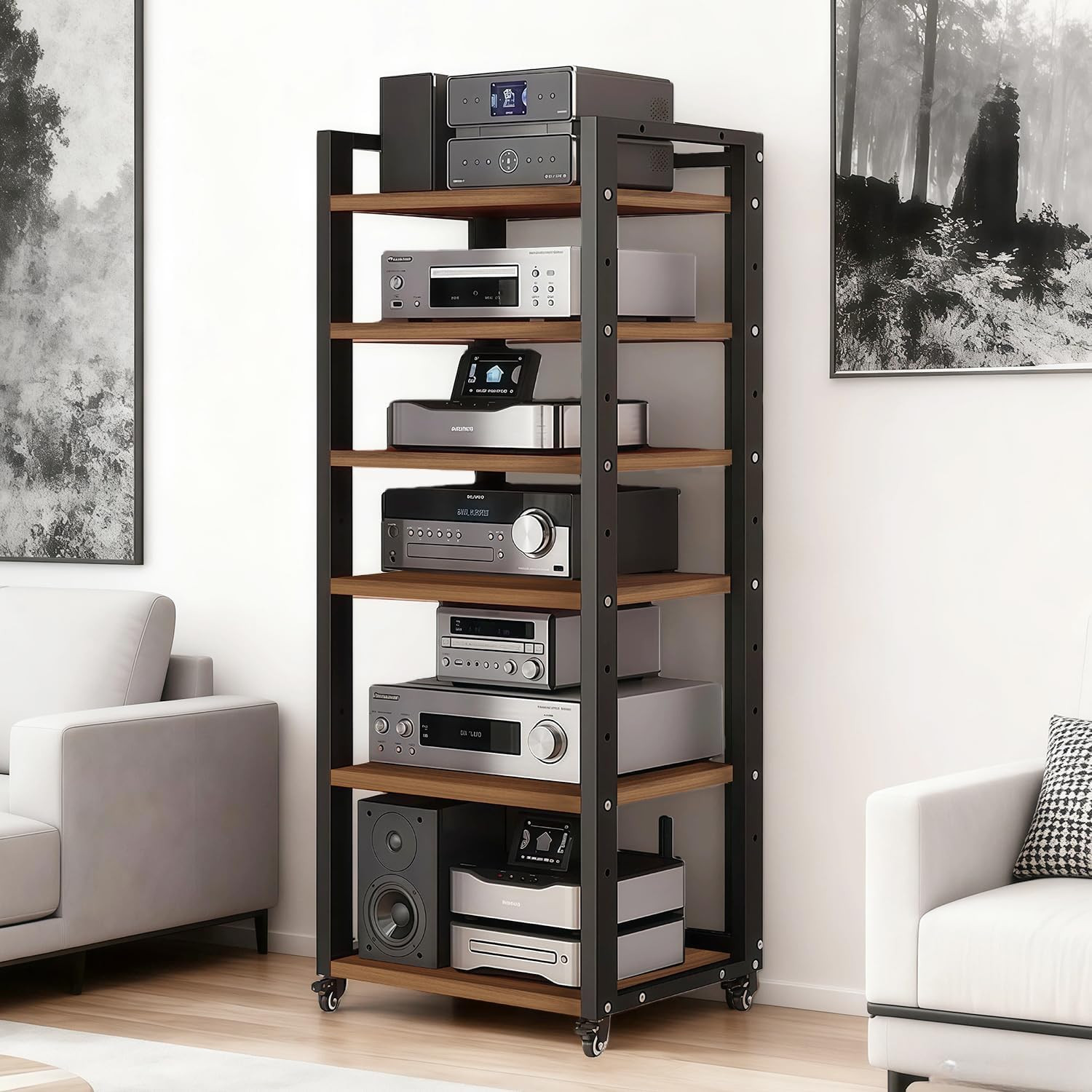 6 Tier AV Media Stand with Wheels Adjustable Metal Audio Video Storage Rack