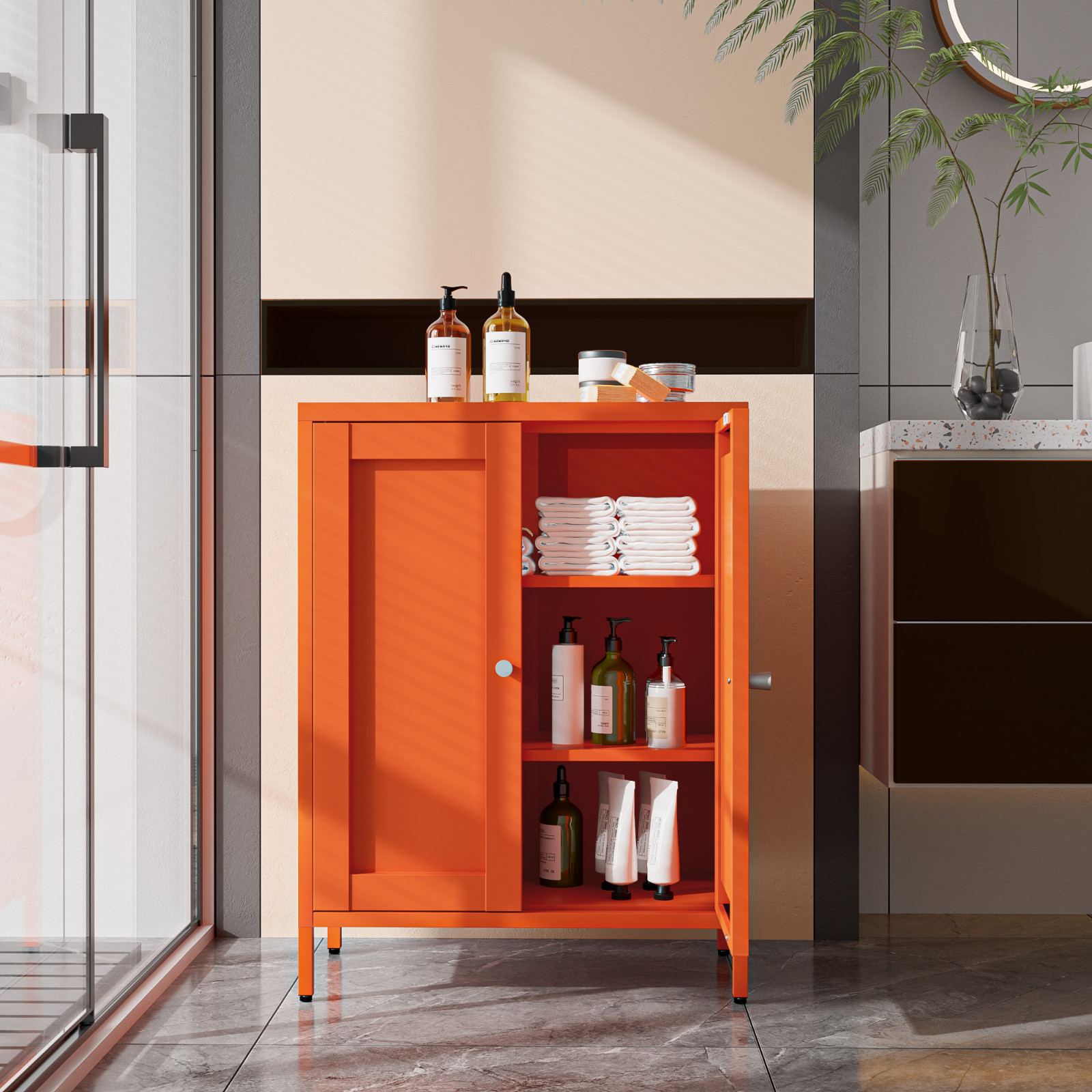 Cofar Metal Bathroom Storage Cabinet,Sideboard Cabinet for Small Spaces,Orange