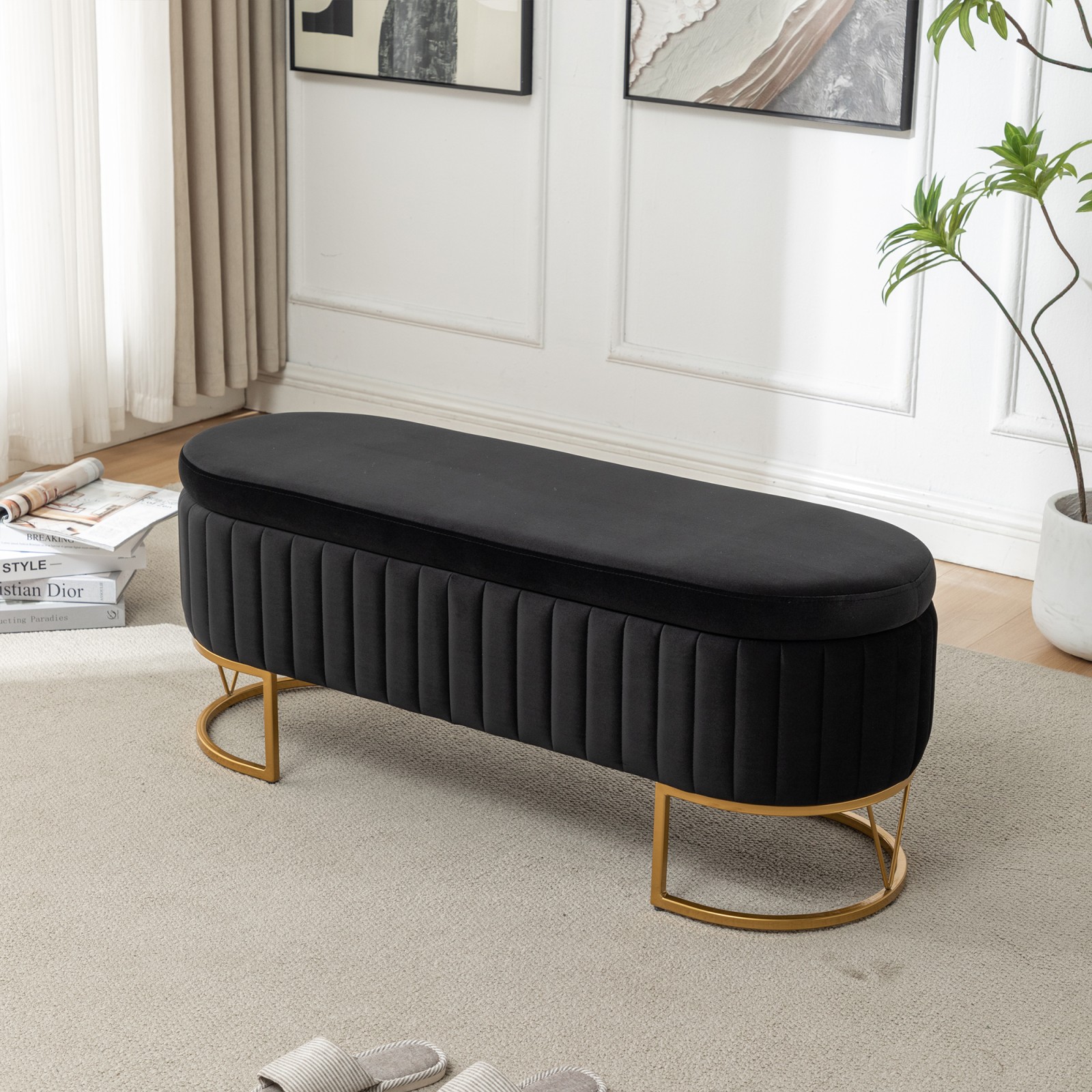 Velvet Upholstered Storage Bench, 45.6″W x 15.7″D x 17.5″H, Black with Gold Legs