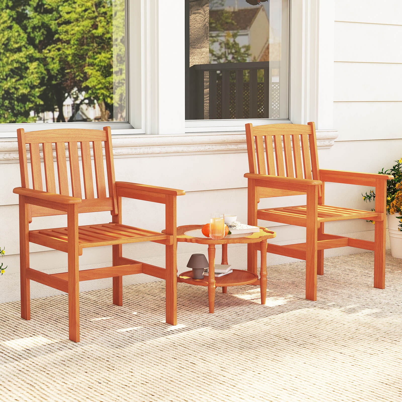 Patio Chairs Set of 2 Outdoor Wooden Dining Chairs with Inclined Backrests