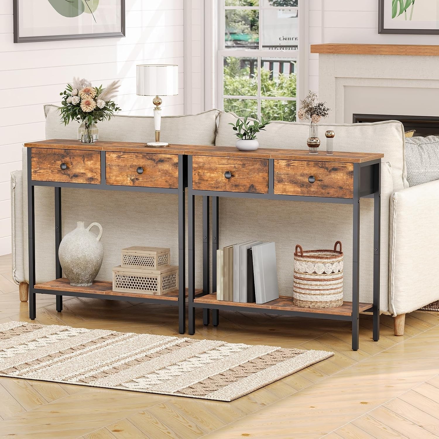 29.5″ Narrow Console Table with 2 Fabric Drawers, Small Entryway Table with 2…