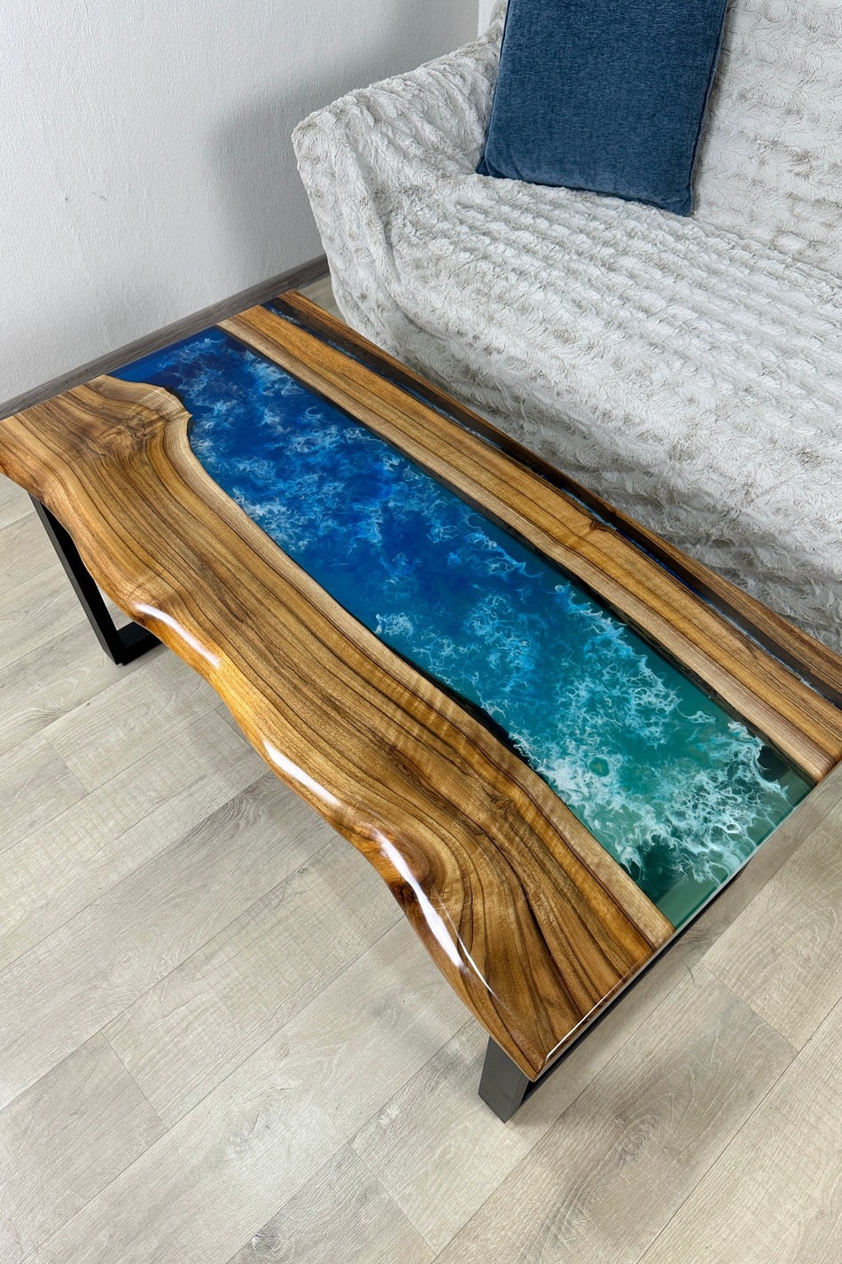 Handmade Live Edge Walnut Epoxy River Table | Ocean Blue Resin Coffee Table Live