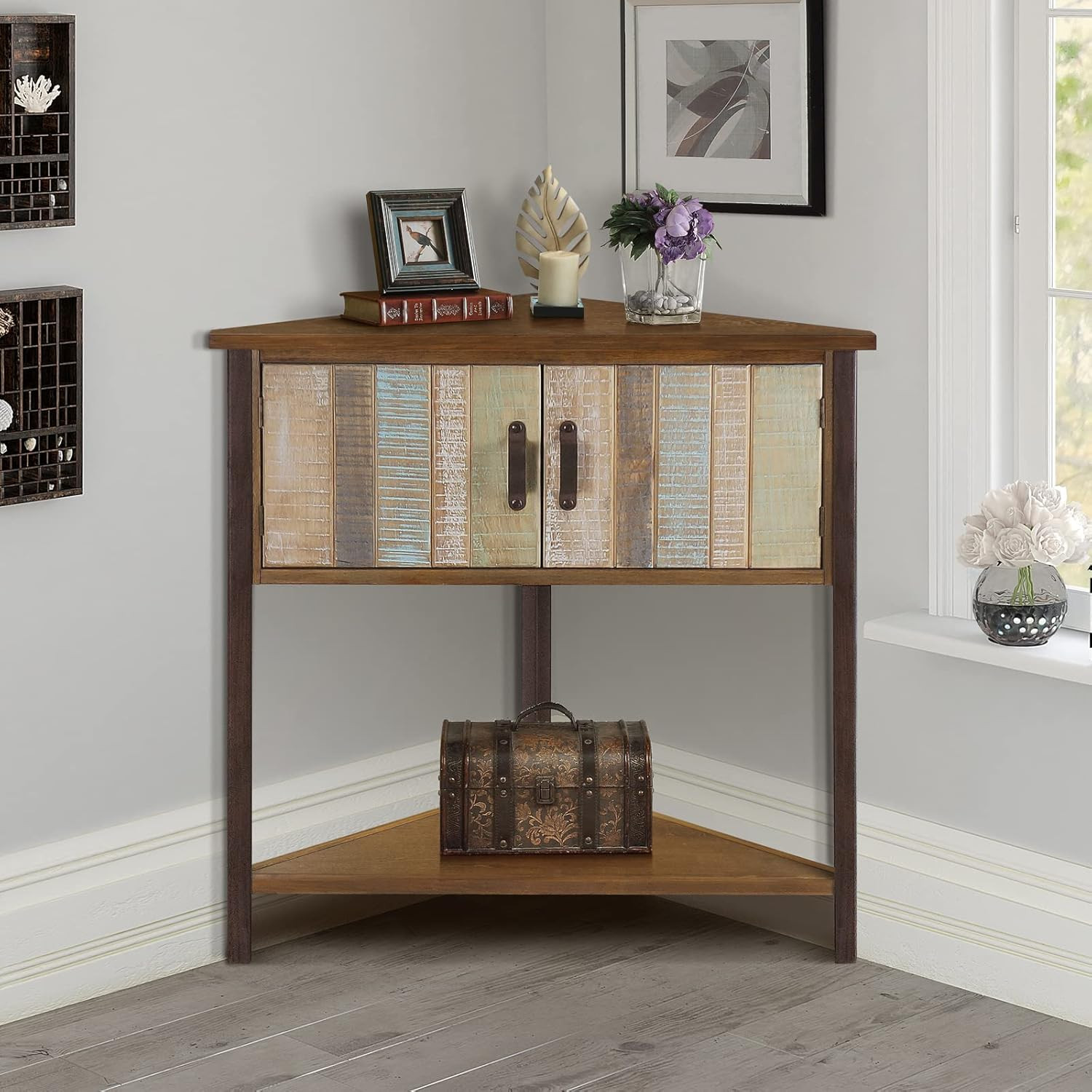 Handmade Natural Blue Corner Table with Storage – Solid Wood & Metal Frame