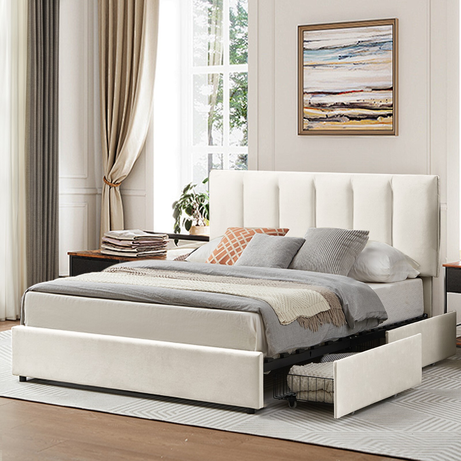 VECELO Twin Full Queen Bed Frame Platform with Upholstered Headboard Wooden Slat