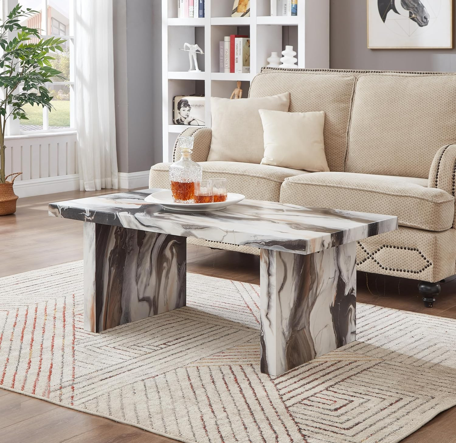 Cavira Off-White Modern Faux Marble Coffee Table for Living Room