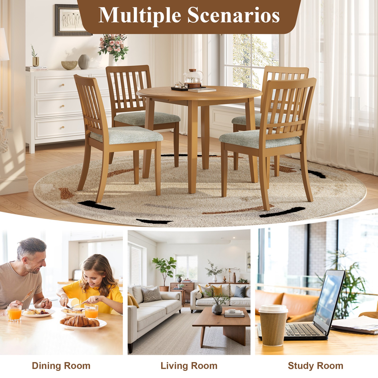Extendable Round Folding Dining Table for 2-4 People Light Brown