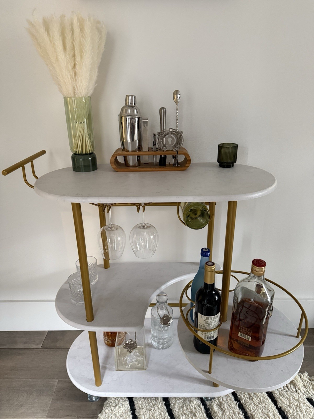 3-Shelf Oval Rolling Bar Cart Gold/White Metal & Marble Wine Theme, 4 Wheels