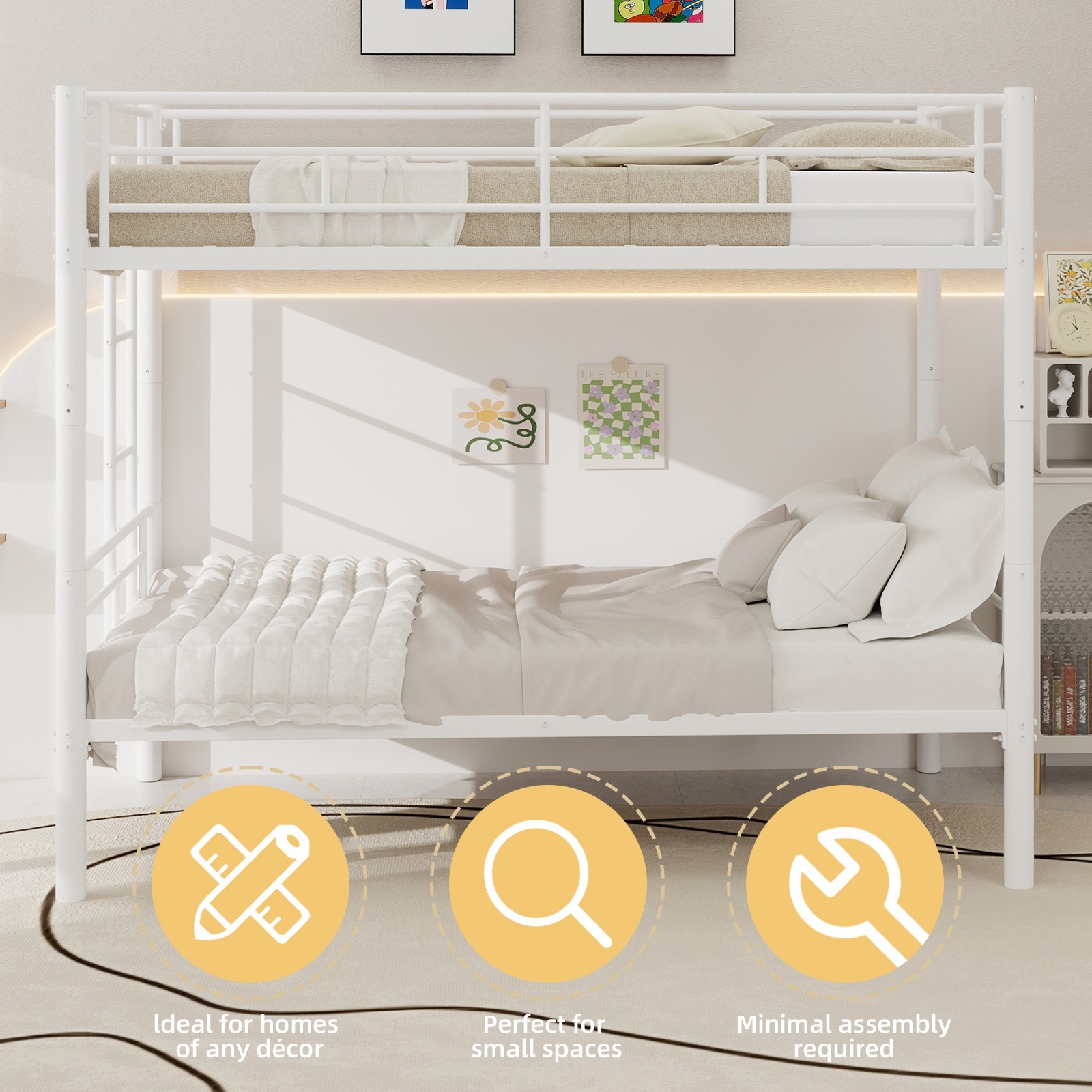Twin Over Twin Metal Bunk Bed with Metal Structure Bedframe & Ladders for Kids