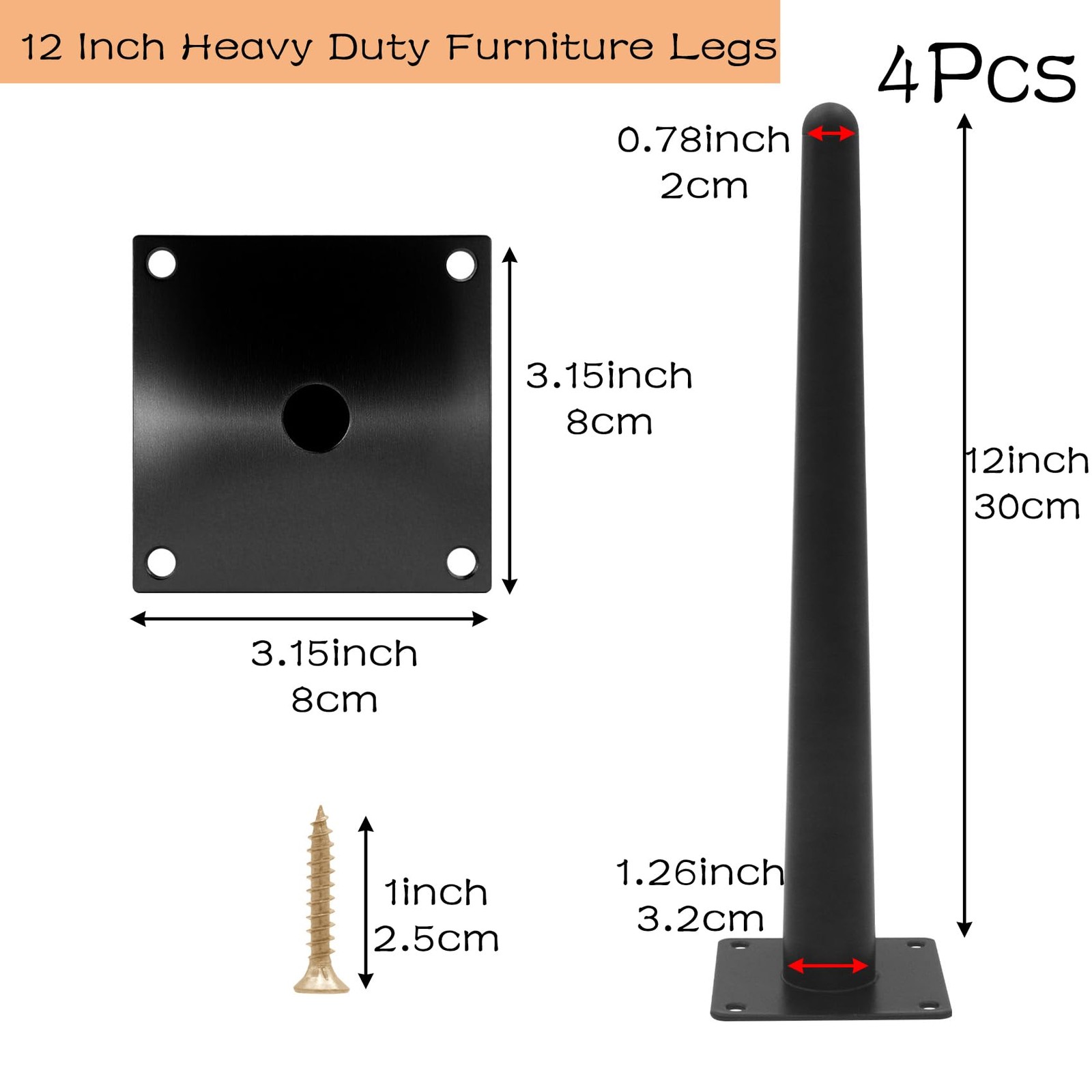 12 Inch Heavy Duty Furniture Legs Set of 4, 1000 lbs Capacity, Metal Legs for…