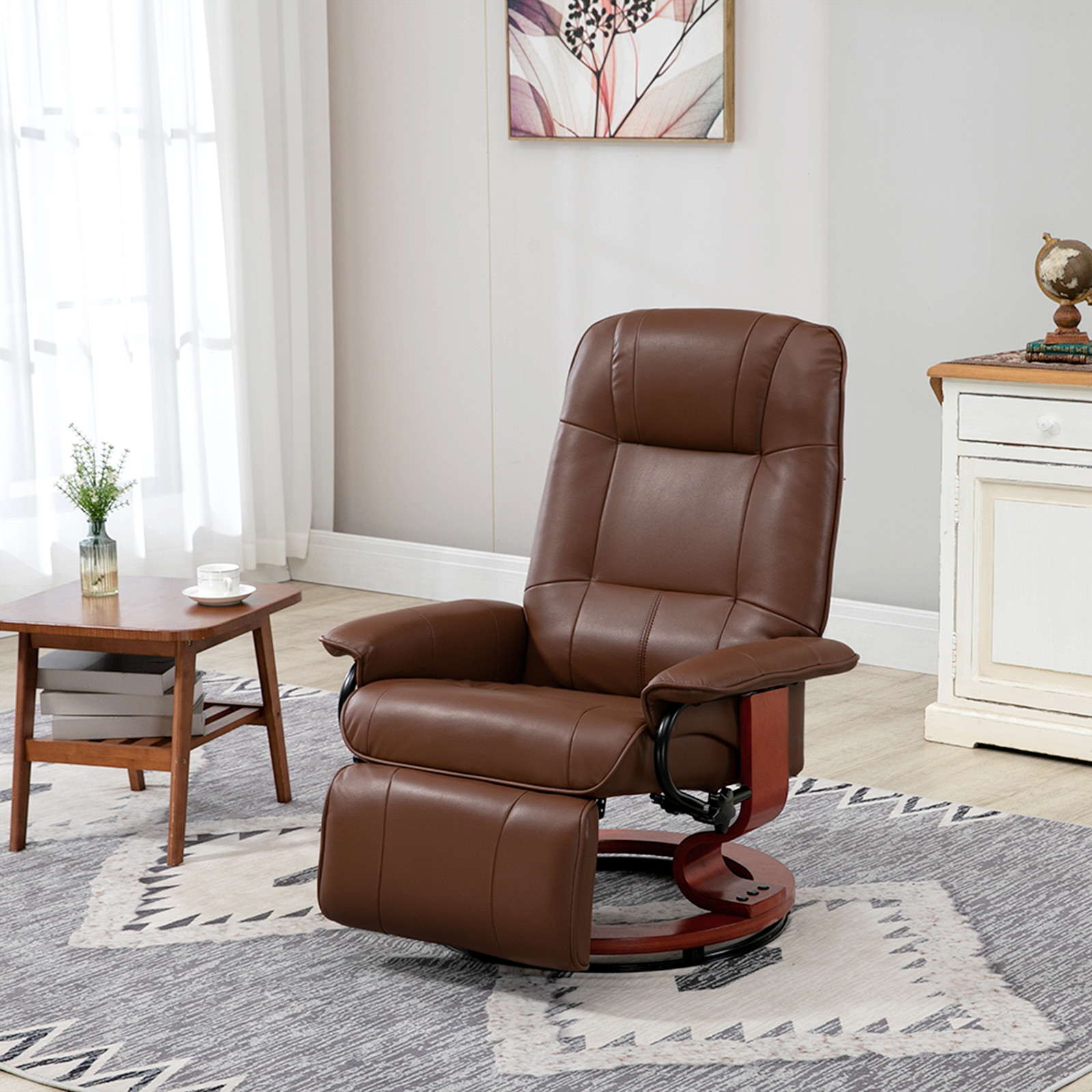 Faux Leather Manual Recliner with Swivel Wood Base, Brown