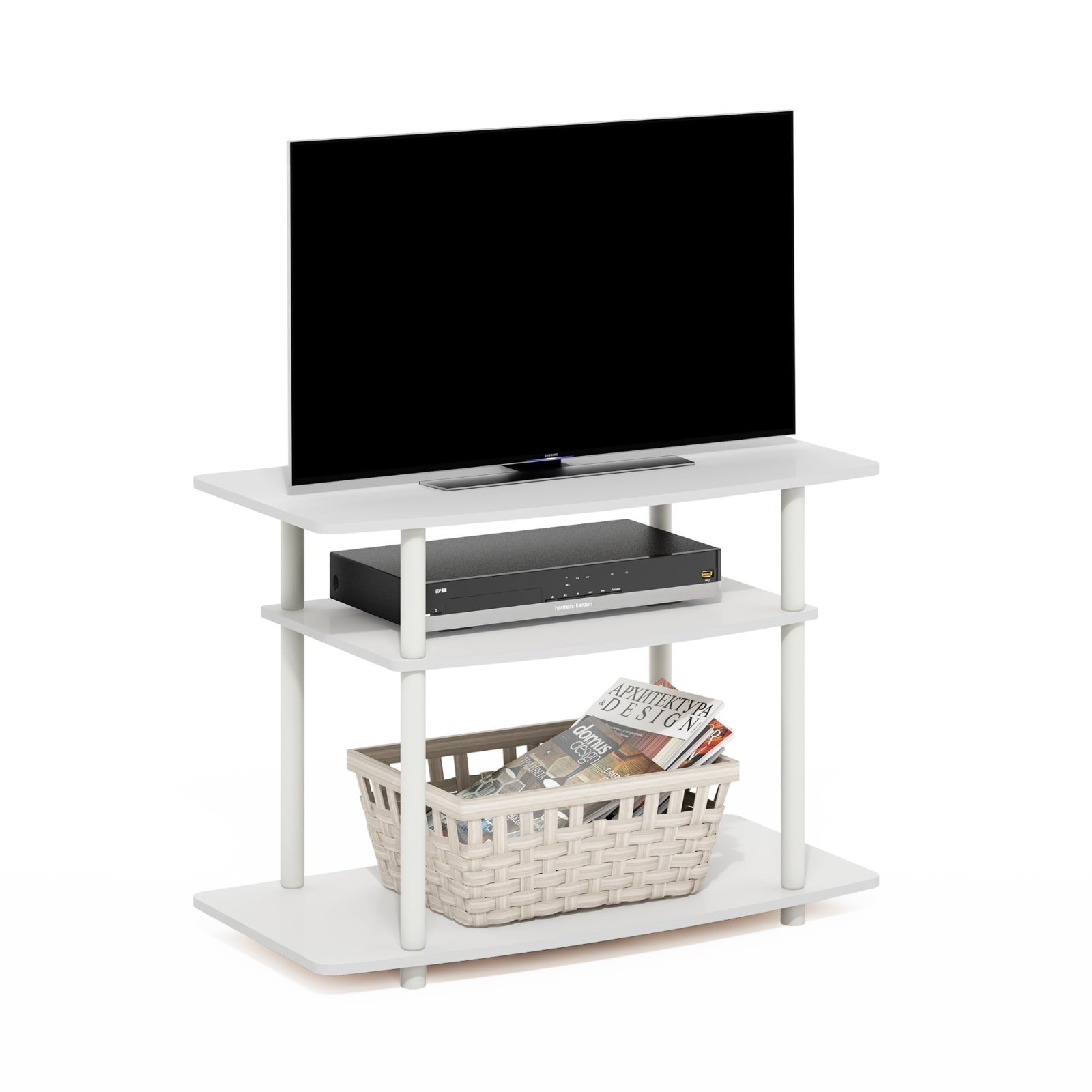 3-Tier No Tools TV Stand Entertainment Center for TVs up to 32″ – White Console