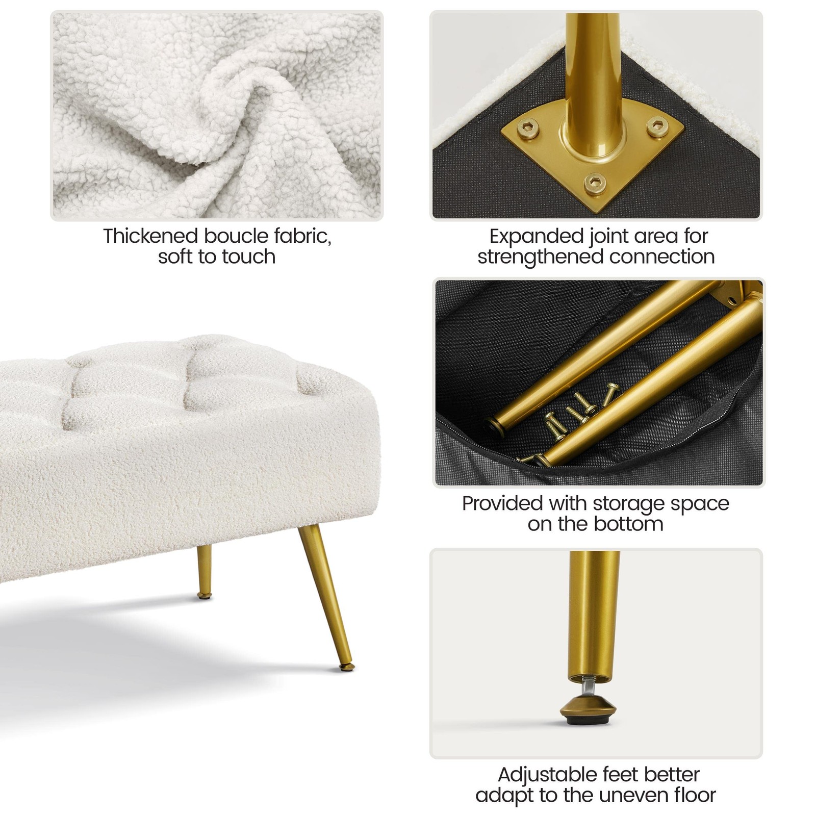 Dining Bench, Button-Tufted Upholstered Bench with Gold Metal Base for Kitchen