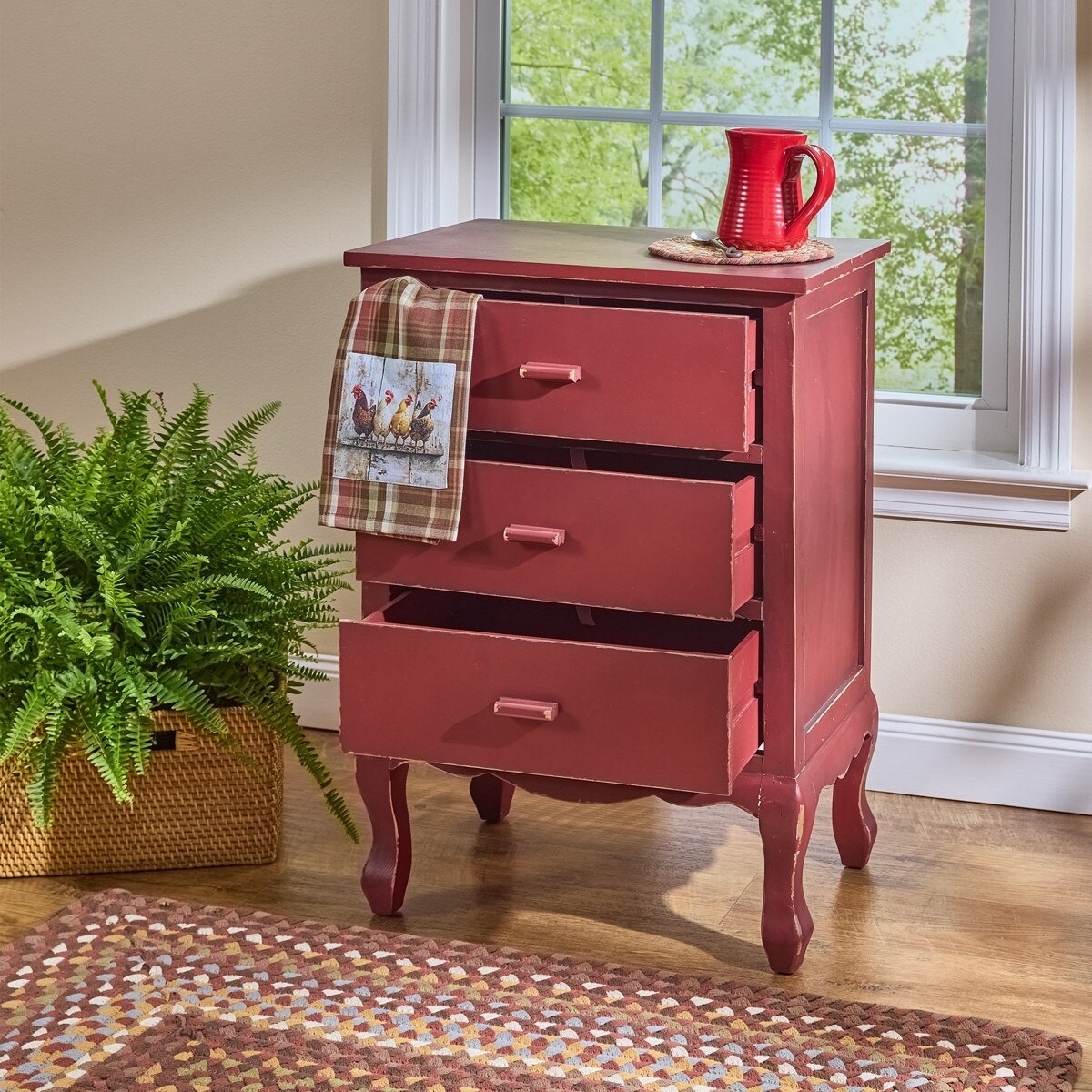 Cupboard Aged Red Wood Distressed 3 Drawer 28.5″H X 20.5″W X 14″D Park