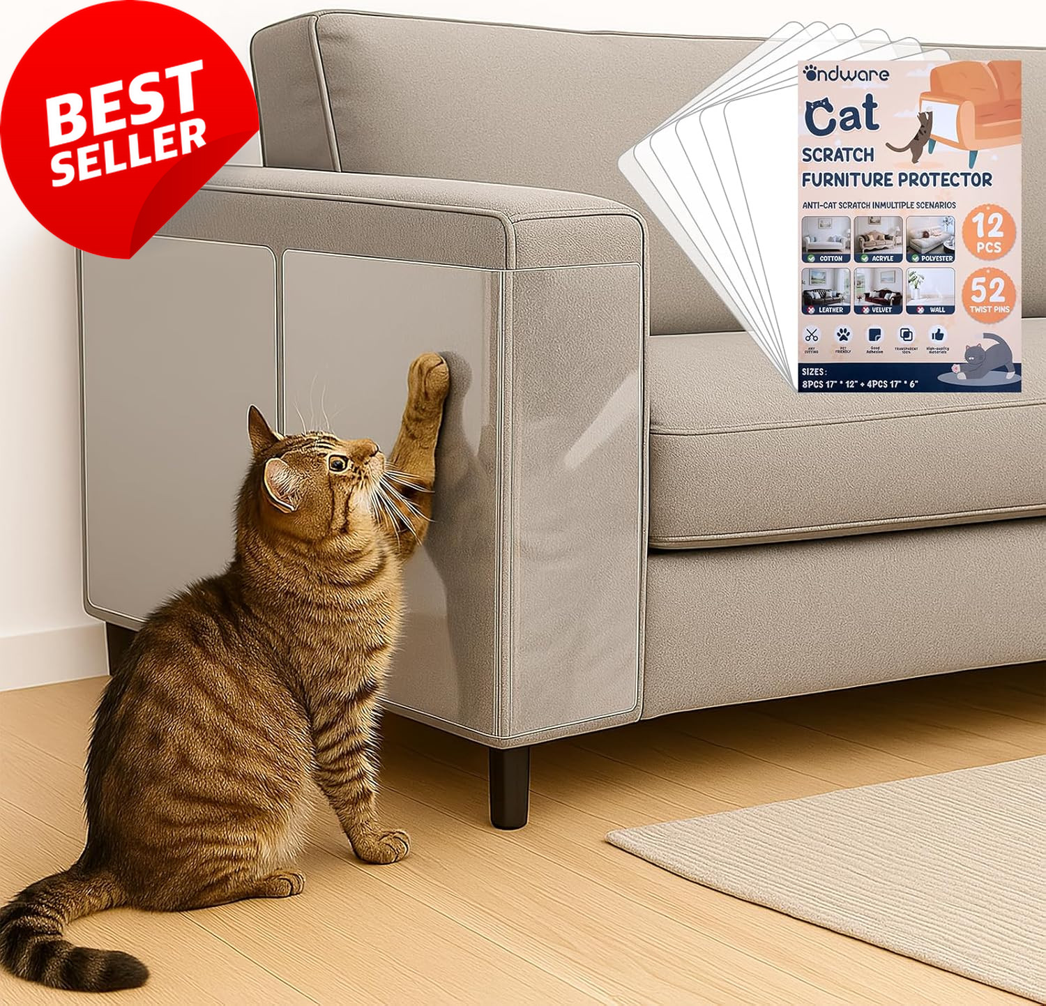 12 PCS Cat Scratch Furniture Protector Self Adhesive Couch Sofa Wall Guard Set