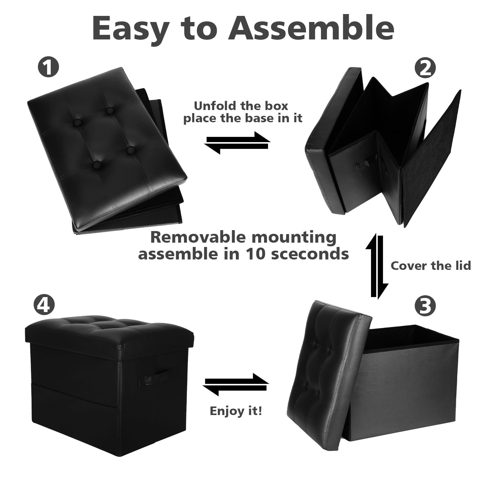 Foldable Leather Storage Ottoman Foot Rest Stool 350lb 17x13x13 In Black