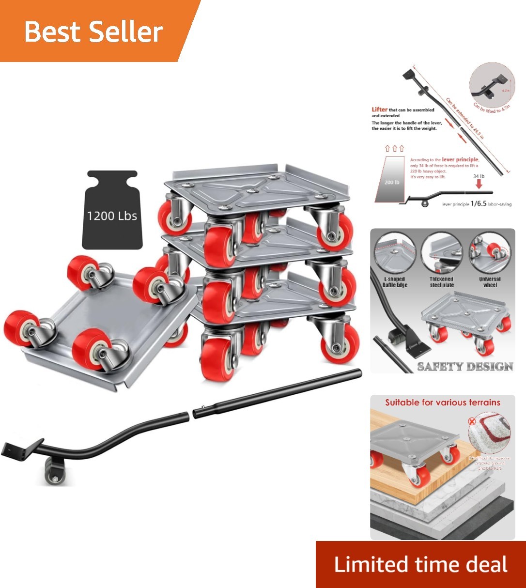 Heavy-Duty Furniture Mover Dolly Set – 1200 lbs Capacity, 4 Rotating Wheels