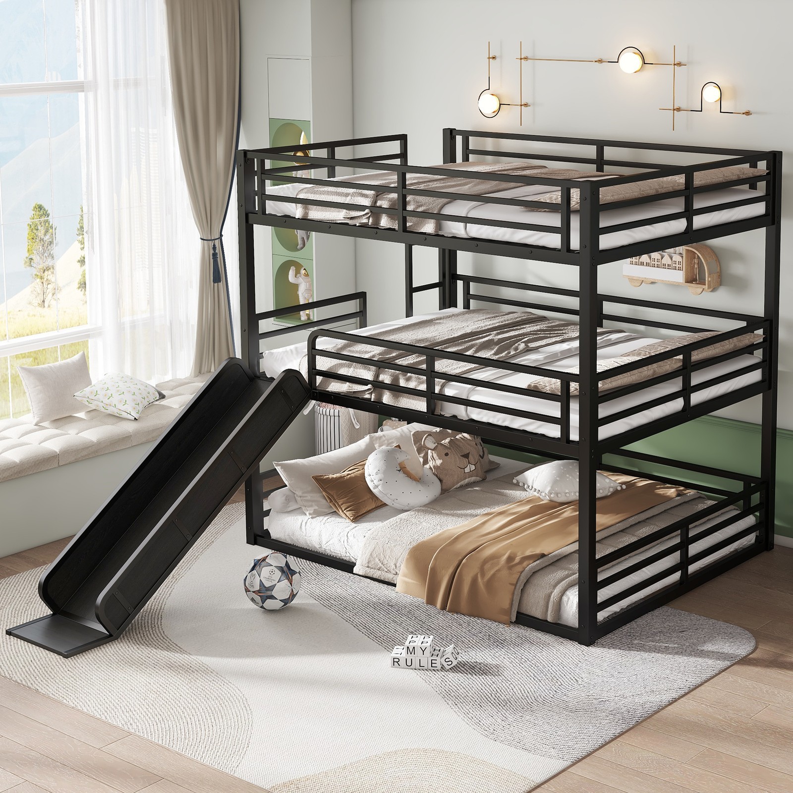 Queen over Queen over Queen Bunk Bed with Slide Metal Triple Bunk Bed Black