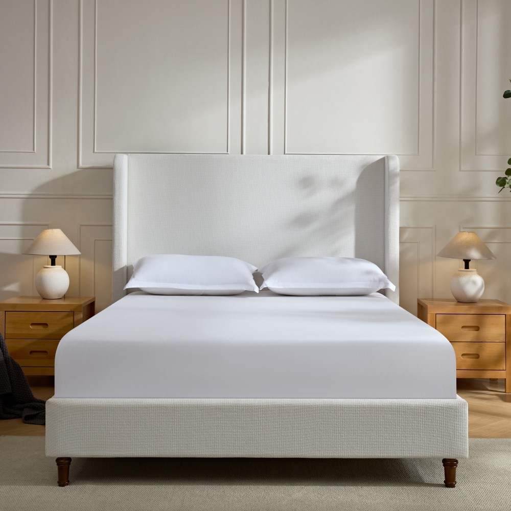 California King Bed Frame with 54″ Upholstered Headboard, Cream Chenille
