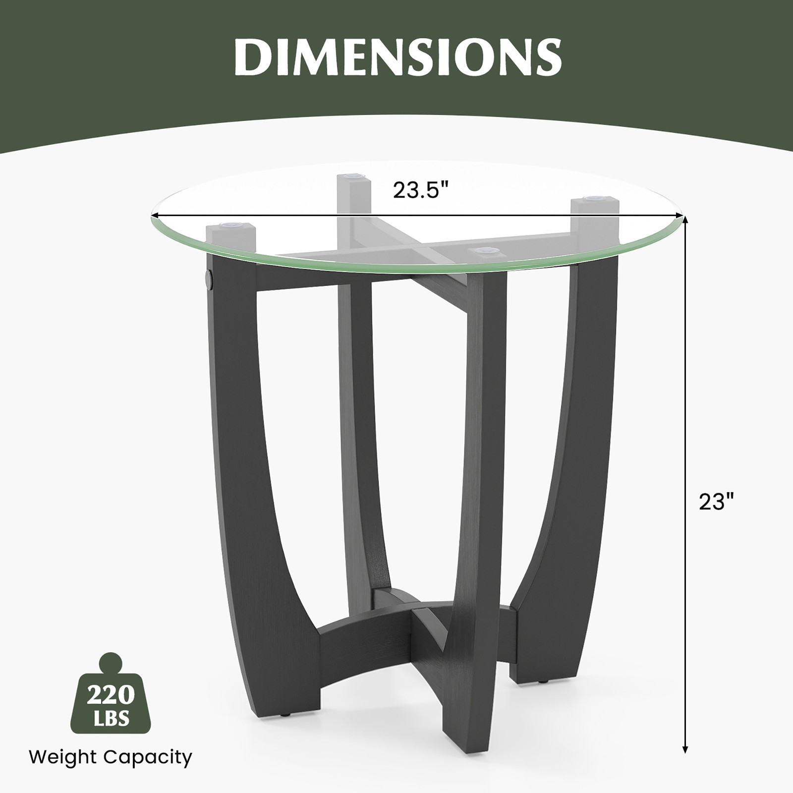 23.5” Round Side Table w/ Glass Tabletop Cross-shaped Solid Rubber Wood Frame