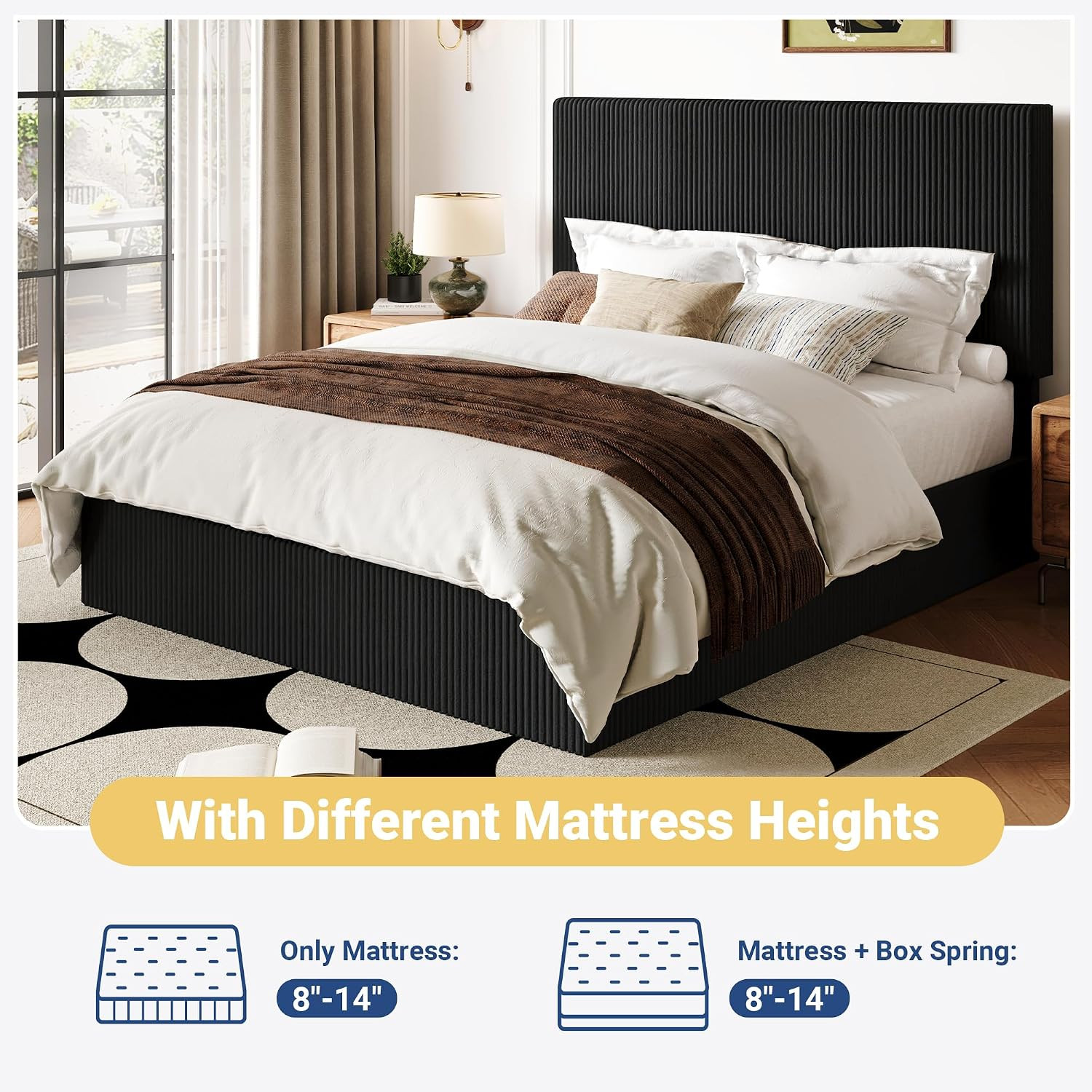Queen Bed Frame, Adjustable Corduroy Headboard, Platform, Black | Adjustable Hea