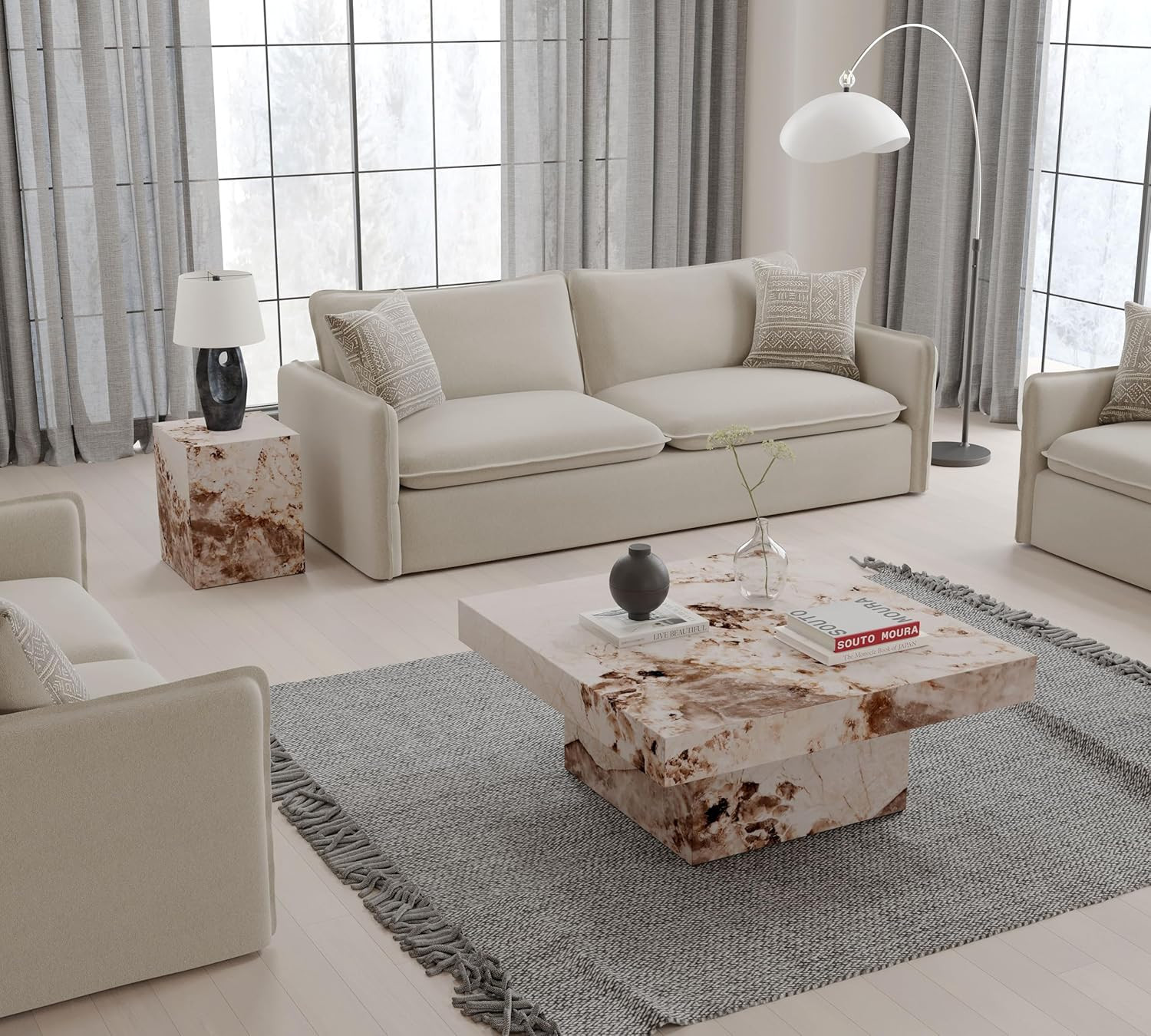 Fultan Beige Engineered Stone Square End Table – Modern Design