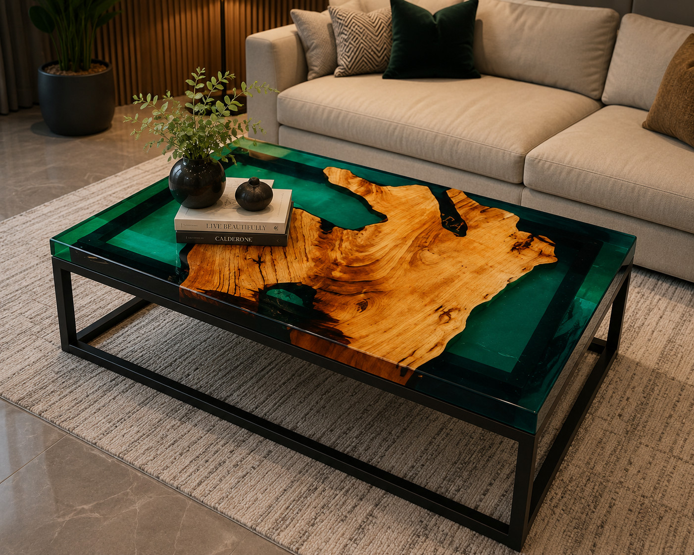 Green Epoxy Resin Coffee Table | Live Edge Wood Coffee Table | Living Room Table