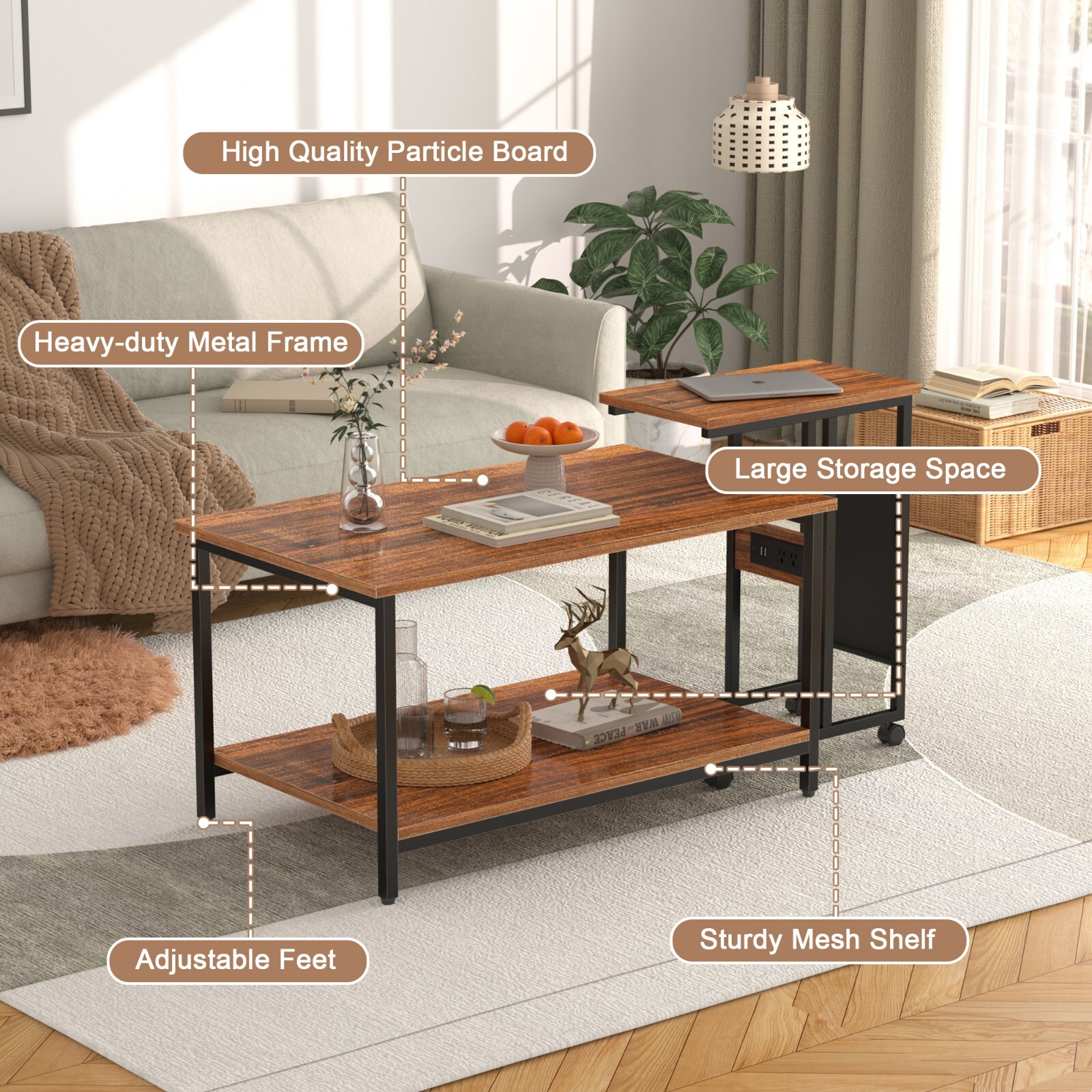 Set of 2 Adjustable Coffee Nesting Table with USB Port and Wheel for Living Room