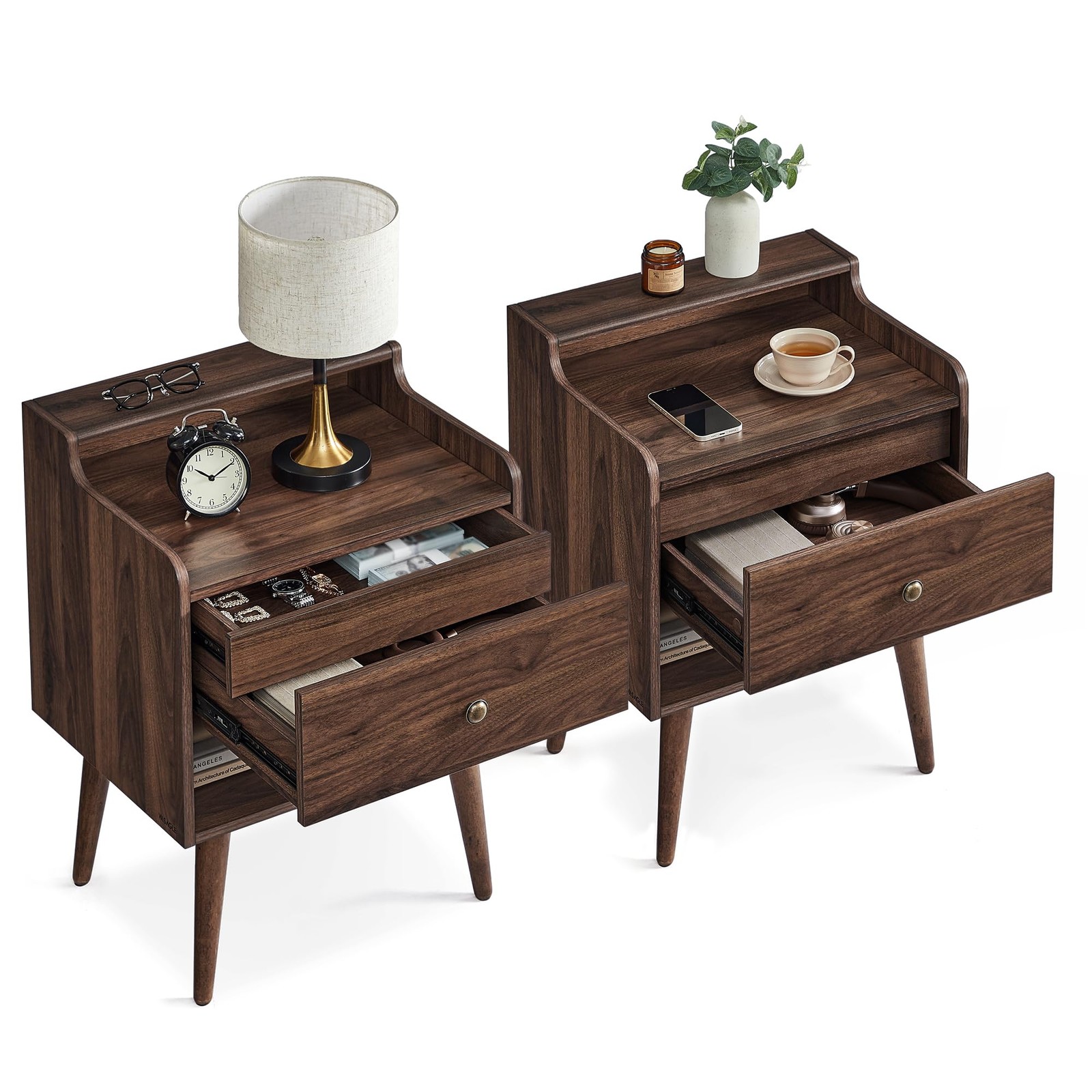 Nightstands Set of 2 Natural Walnut with Hidden Drawers Solid Wood ULET624K01