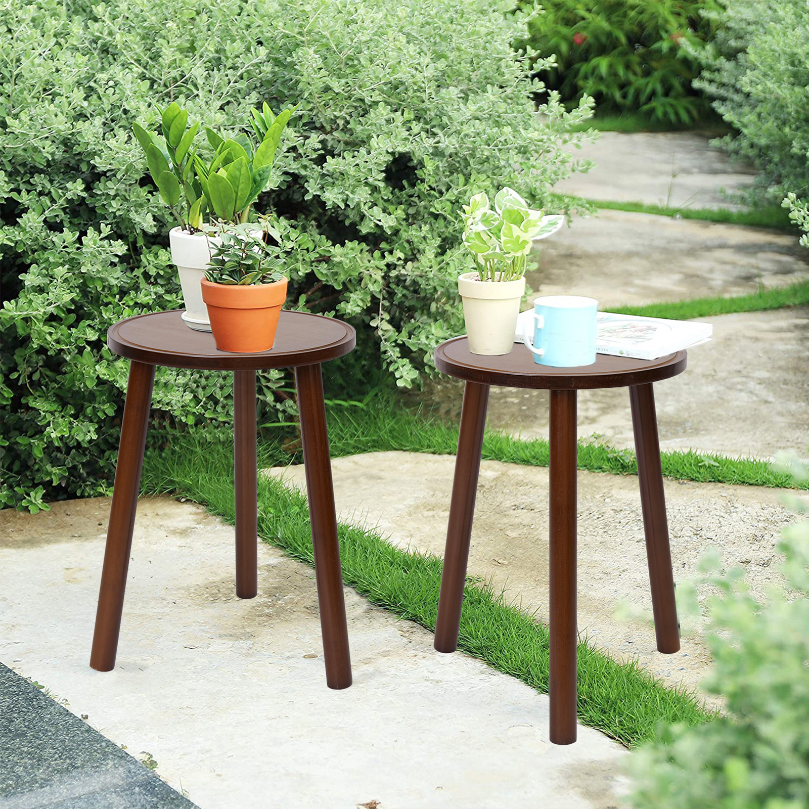 2x Rustic Side Table Round Wood Plant Stand 42cm Tall 3-Leg Stool Furniture Home