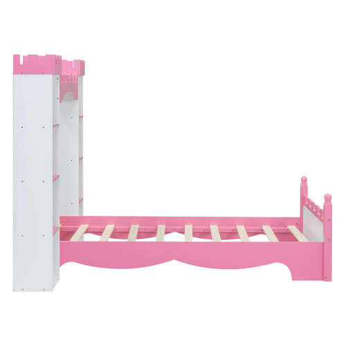 Castle-Shaped Platform Bed with Storage Shelves Both Side Wooden Bed Frames Twin