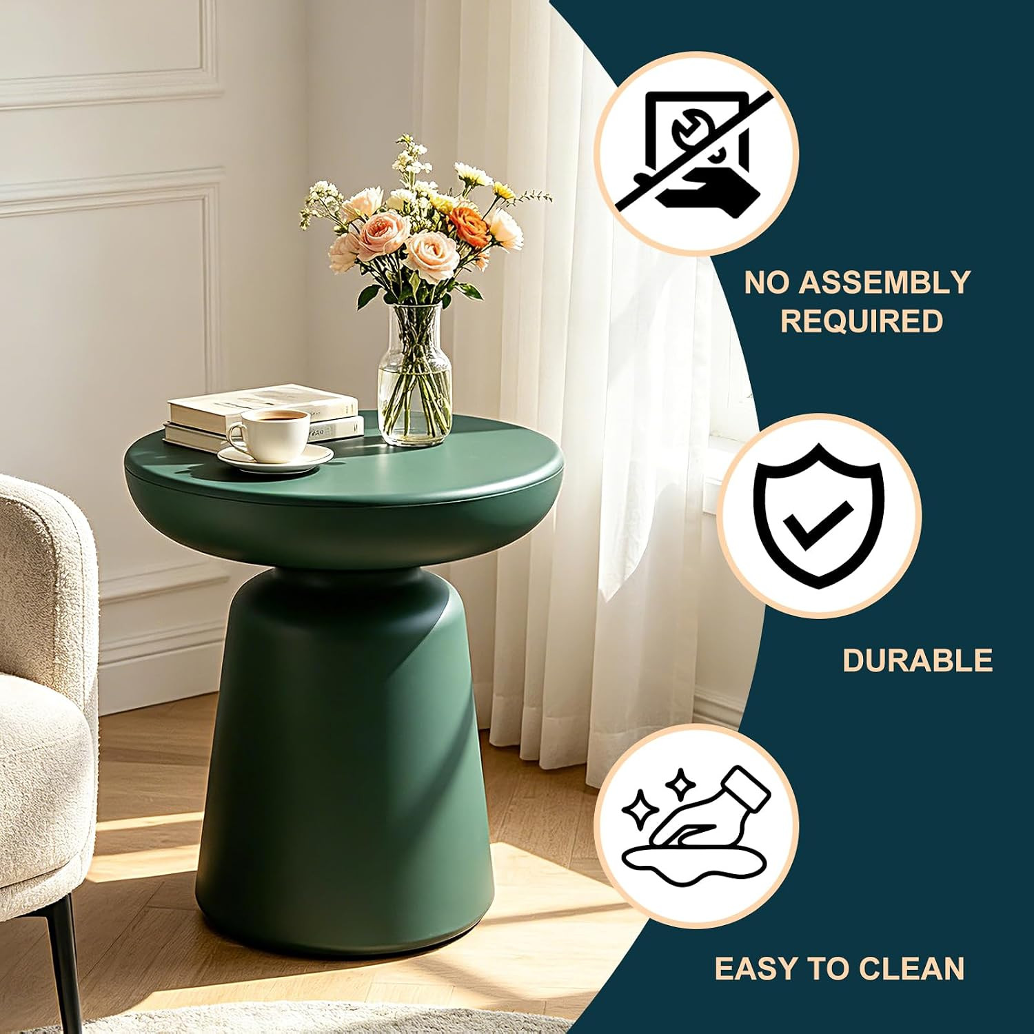 Deep Green Mushroom-Shaped Side Table – Waterproof Accent Table for Indoor/Outdo
