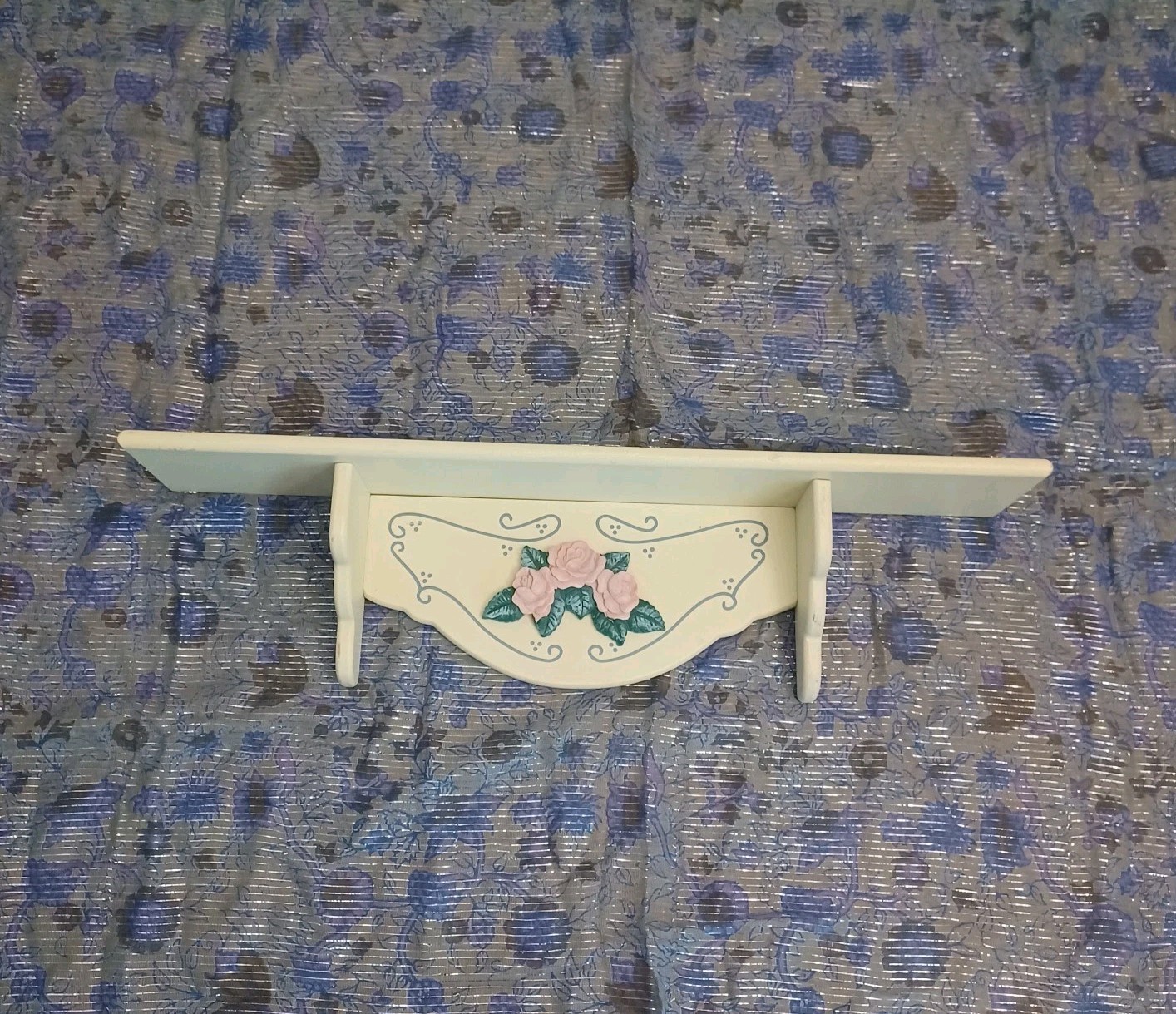 Vintage Cream Colored Wooden Wall Shelf 18″Cottagecore Decor Pink Floral Design